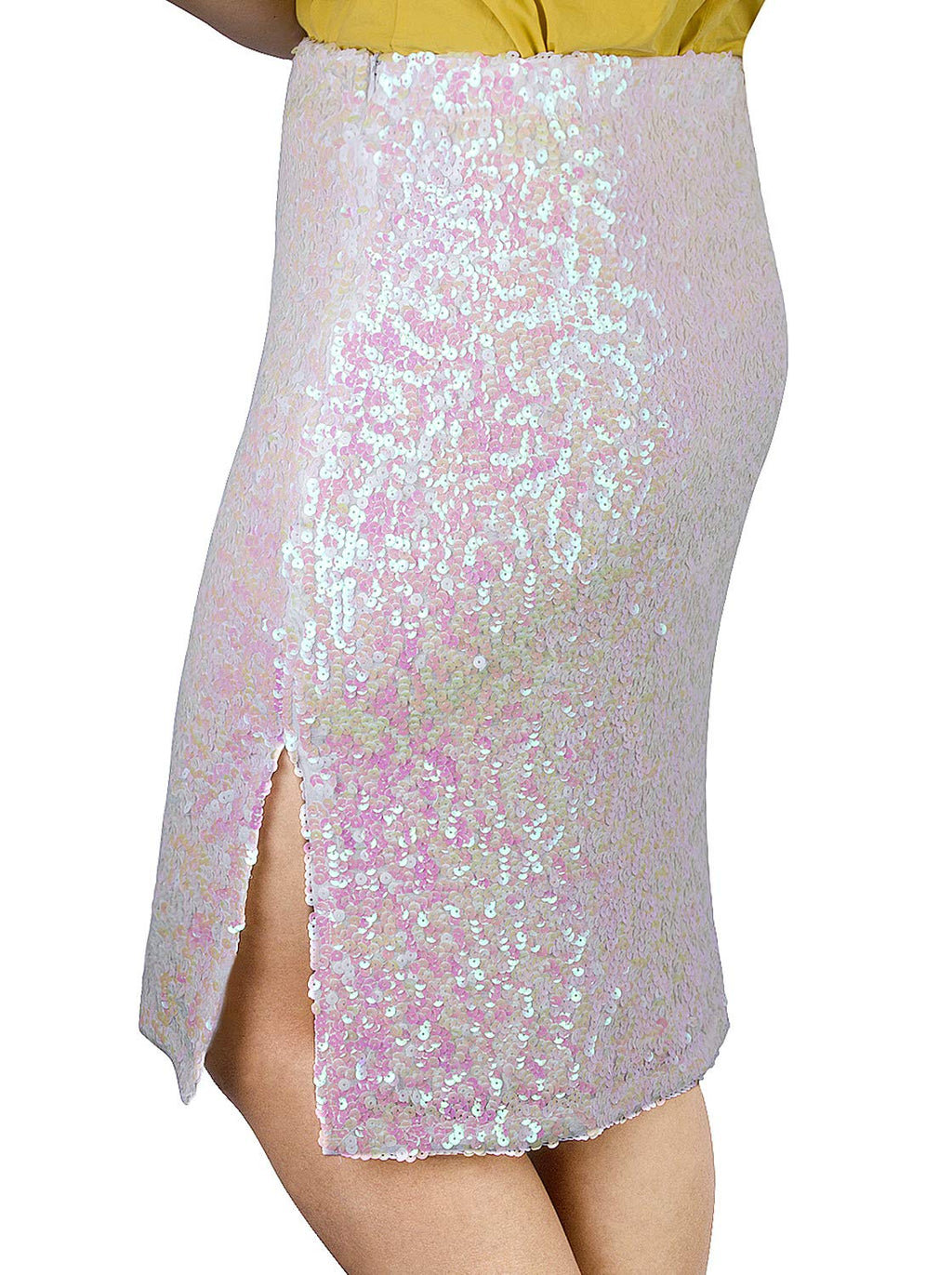 Vijiv Women's Sequin Skirt Midi High Waist Elegant Stretchy Sparkle Side Slit Pencil Skirt Party Cocktail