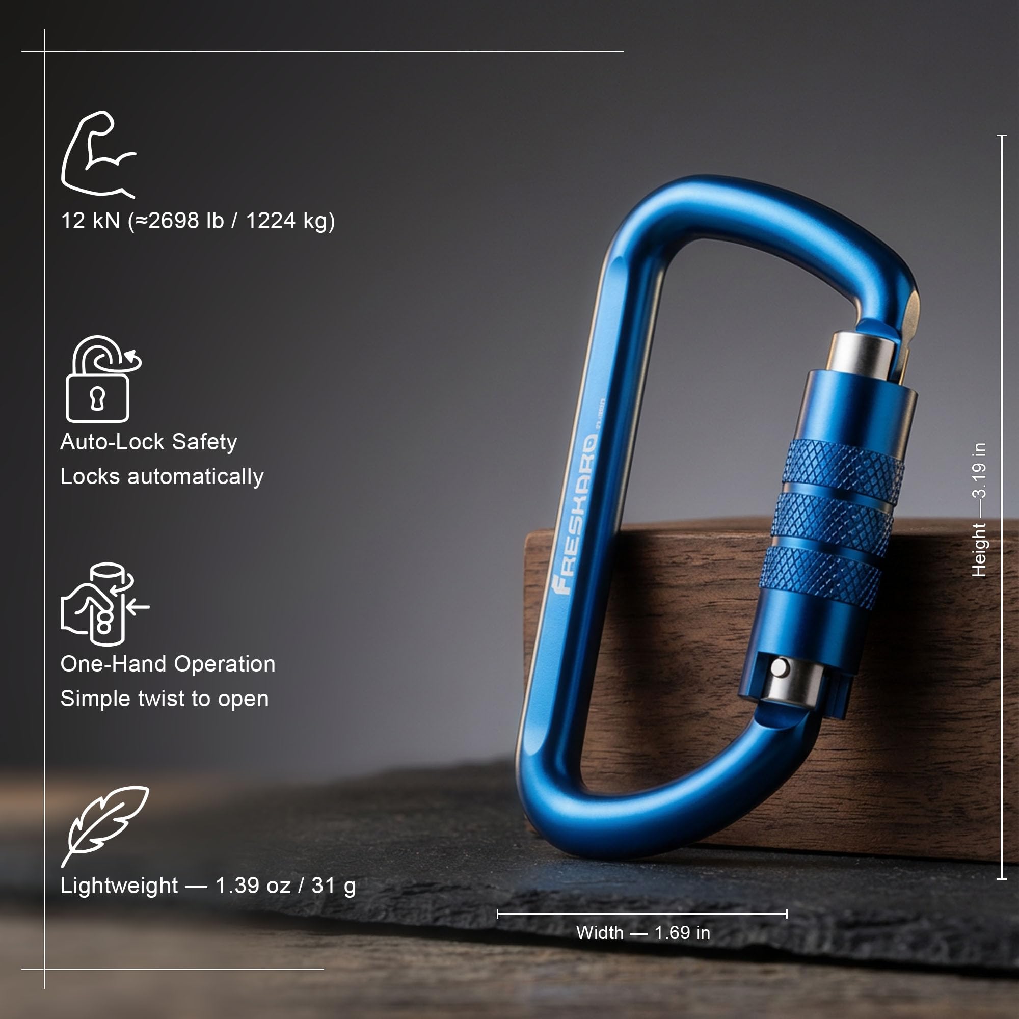 FresKaro 3inch 12kN-2698lbs Auto Locking Carabiner Clips, Solid D Shape, Heavy Duty 7075 Aluminum, Lightweight 1.09oz, Rust Proof, for Hammock, Hiking, Dog Leash, Keychain etc., Multi-Colors