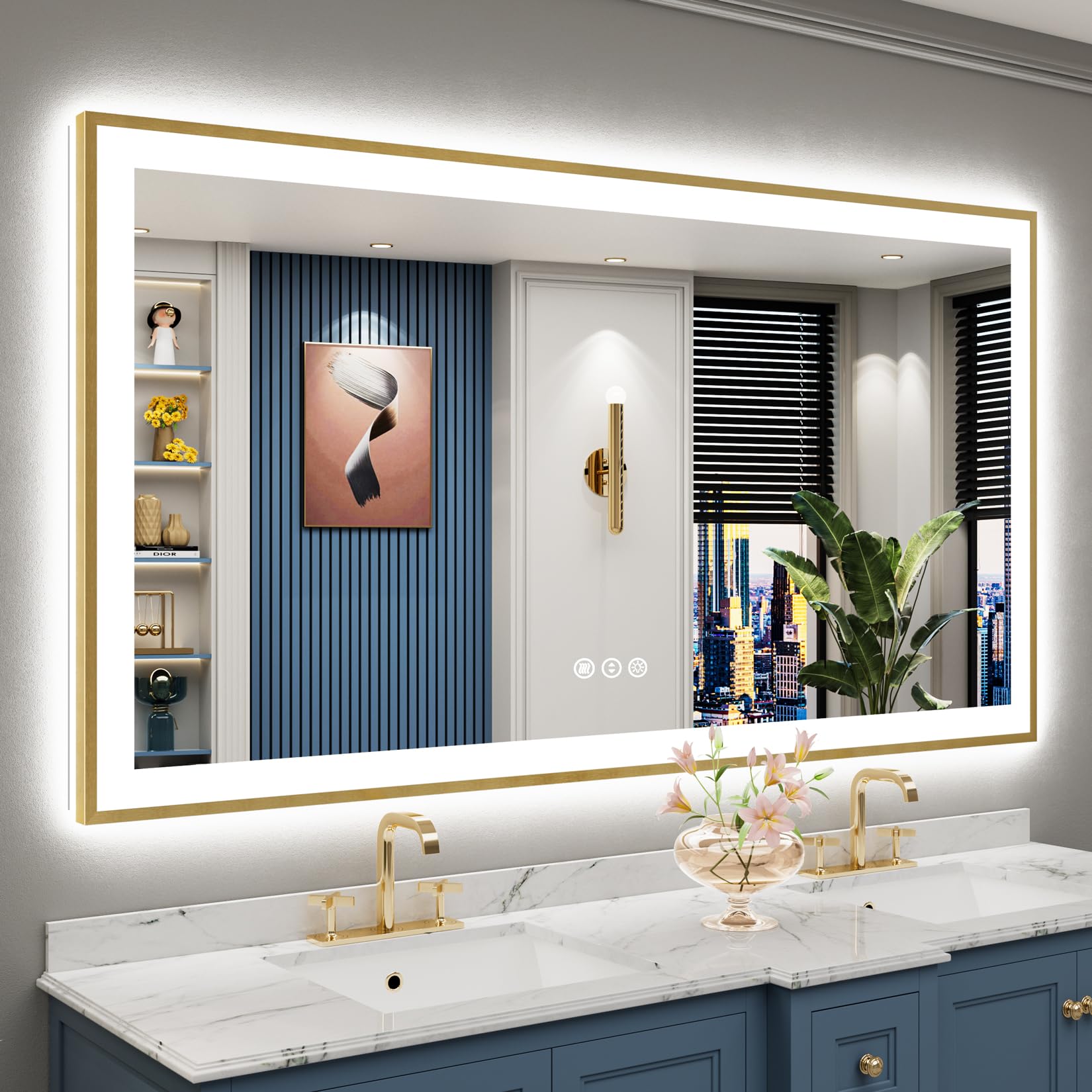 24x36 Gold Beveled LED Bathroom Mirror with Lights, Brushed Gold Framed Backlit and Front Lit Anti-Fog Lighted Vanity Mirrors for Bathroom Wall, Dimmable, 3 Colors, Memory, HD Tempered Glass