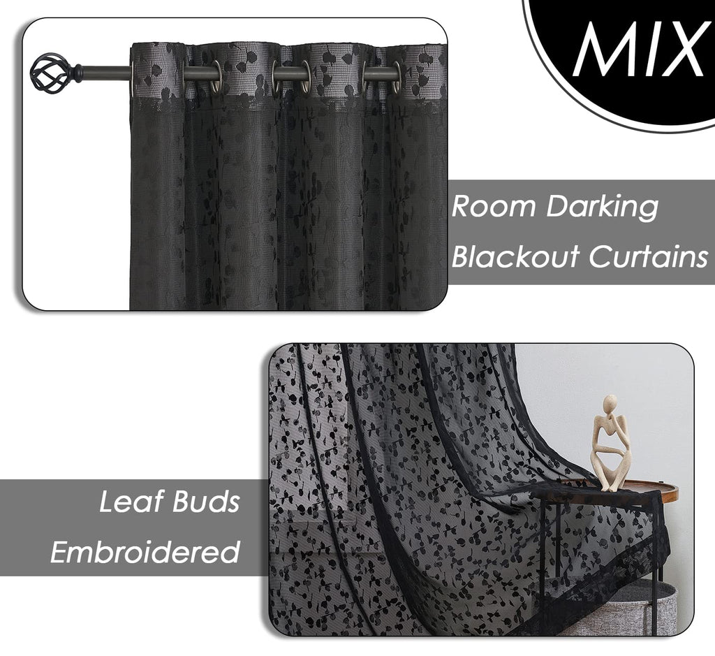 Jubilantex Full Blackout Curtains + Leaf Sheer Window Panels, Beige Mix and Match Style Double Layer Window Treatment Sets for Bedroom Living Room, 4 Panels 52" W x 63" L, Beige and White