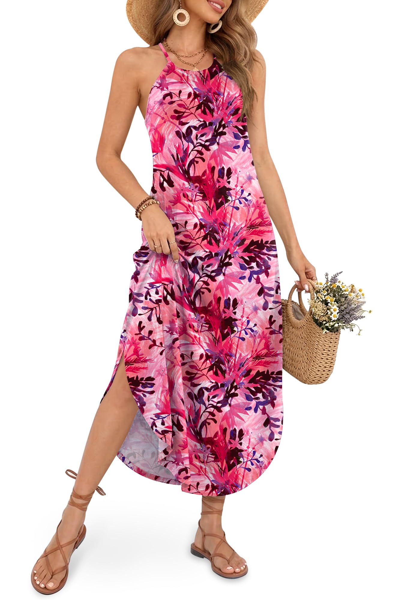 For G and PL Women's Summer Casual Halter Side Slit Maxi Beach Dress Resort Vacation Cruise Wear Sundress
