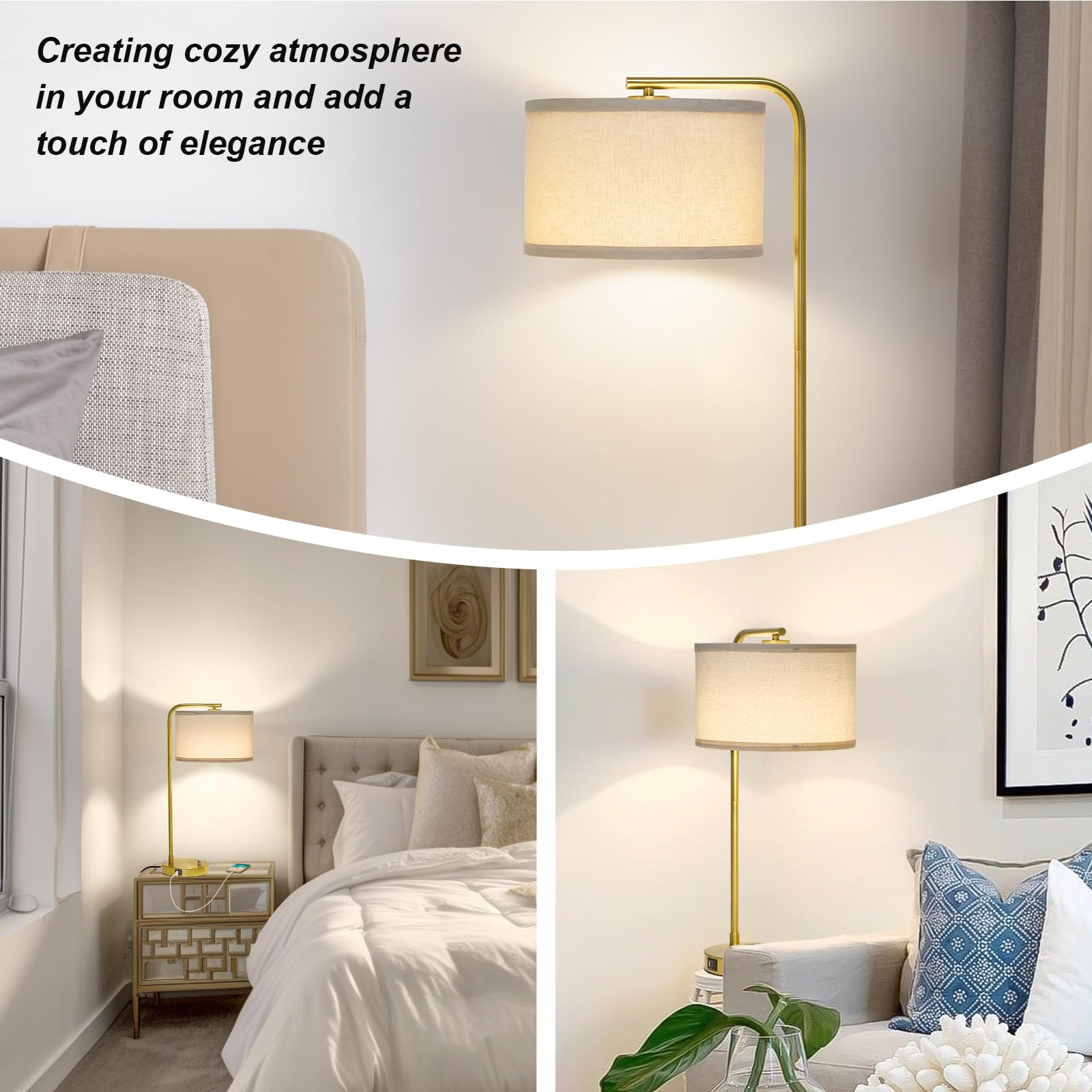 Table Lamps Set of 2, Fully Dimmable Bedside Lamp with USB C+A Charging Ports, Modern Nightstand Lamps with Linen Fabric Shades, Tall Desk Lamp for Bedroom, Living Room, Office, LED Bulb Included