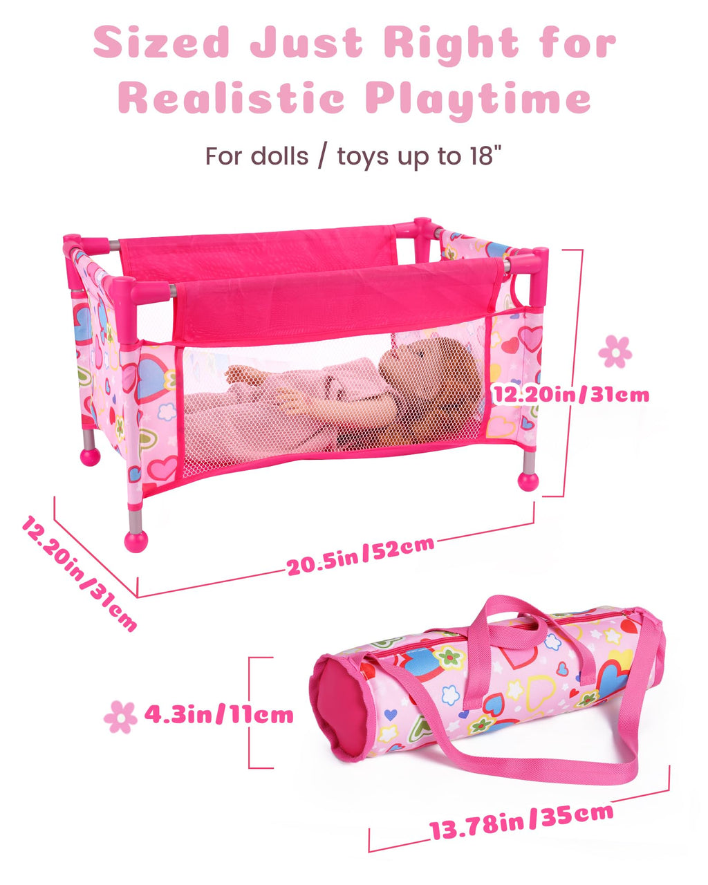 BABESIDE Baby Doll Crib Set for 18 Inch Dolls, Baby Doll Bed Playpen Toy Crib with Storage Bag for Reborn Baby Doll Accessories