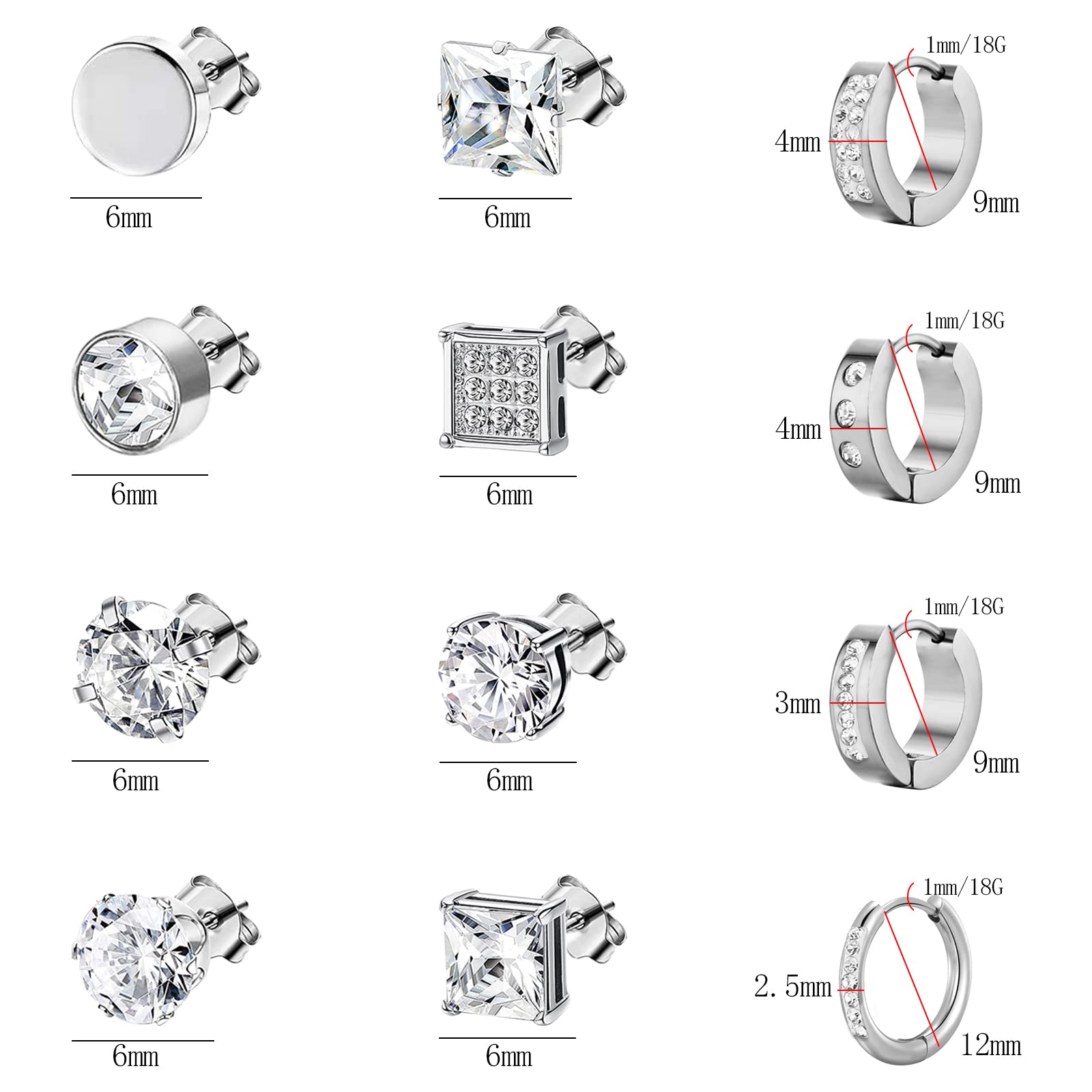 NEWITIN 12 Pairs Stainless Steel Stud Earrings for Men Hypoallergenic Earring Unisex Studs Inlaid Cubic Zirconia Men Earrings Hoop CZ Stud Earring Set for Women