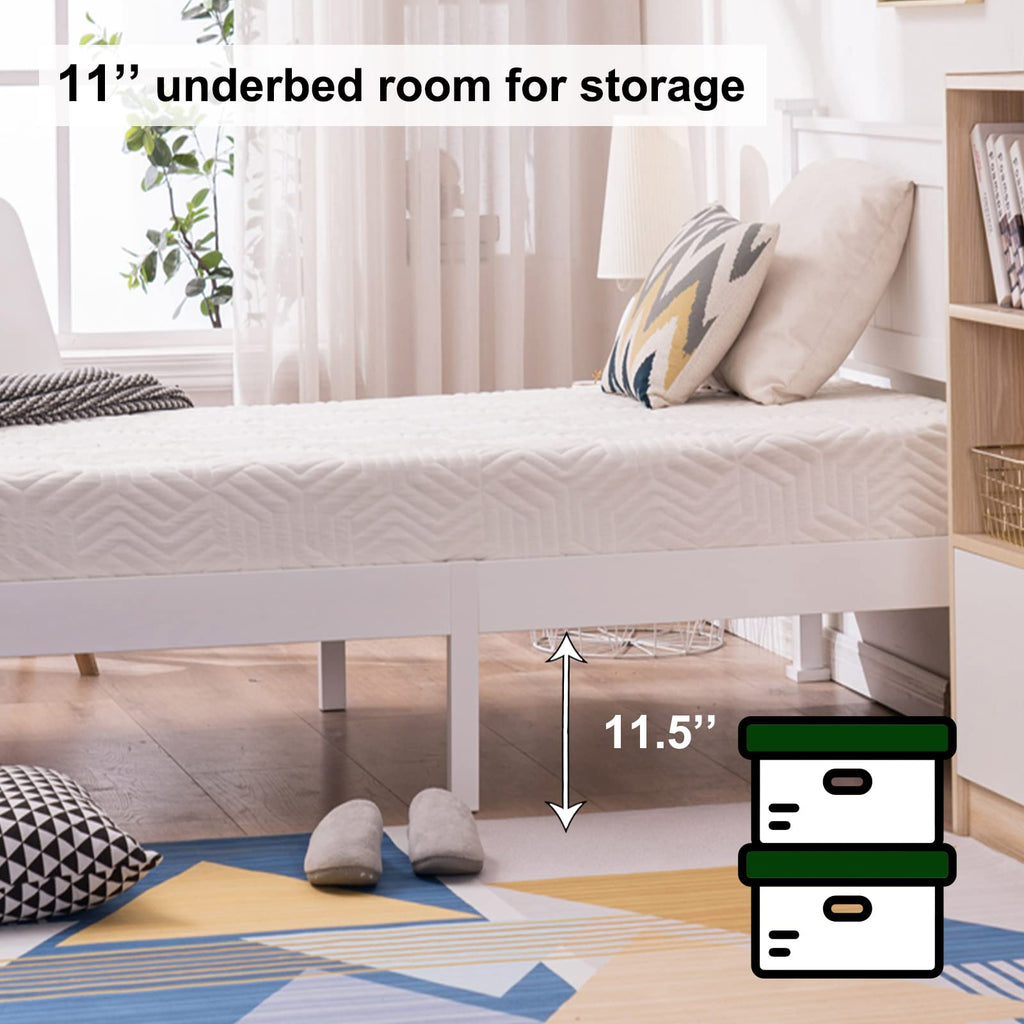 Bonnlo Twin Size Solid Wood Platform Bed Frame, Single Bed with Headboard, No Box Spring Needed Panel Bed, Wood Slat Support Mattress Foundation, White