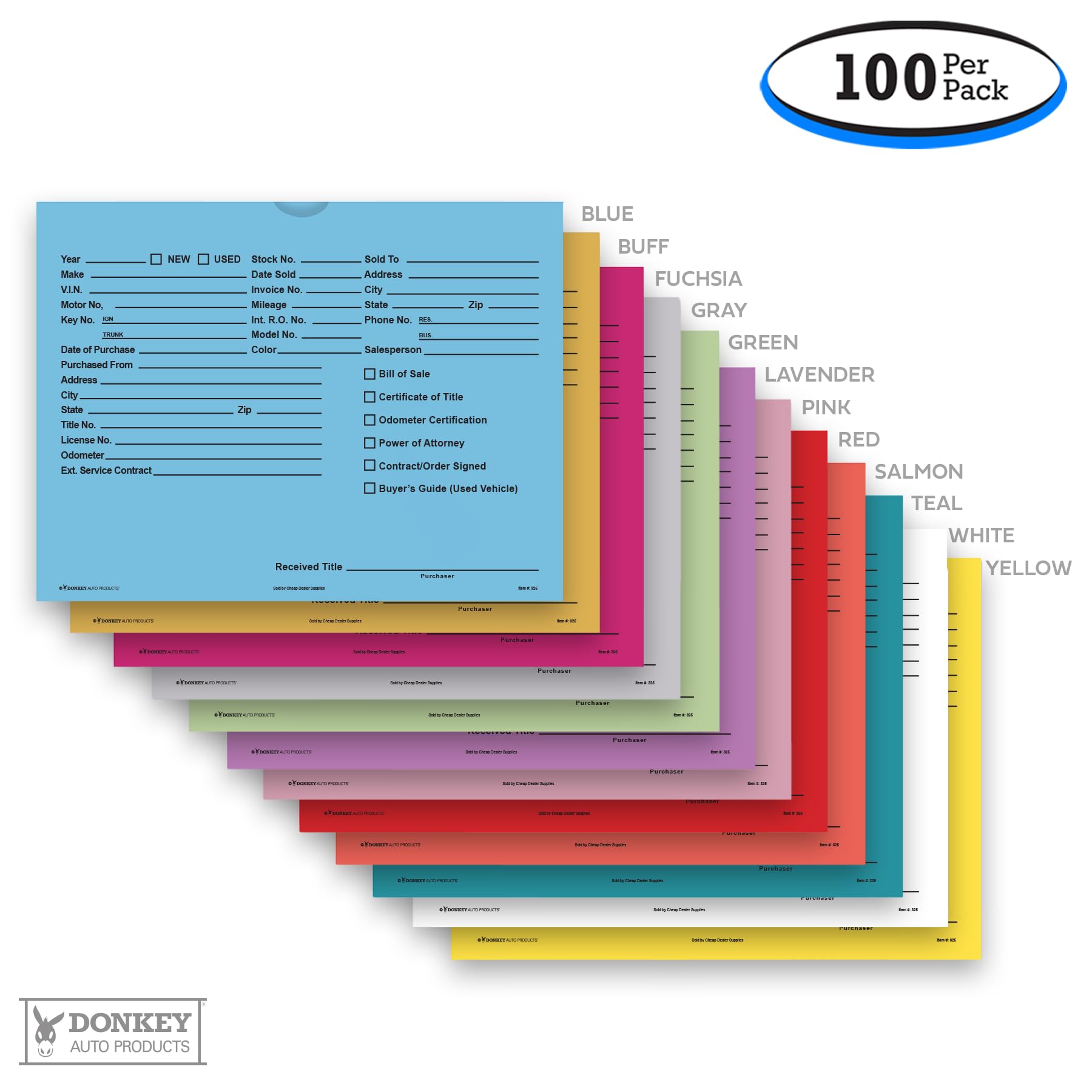 Printed Vehicle Deal Envelopes 9x12 Deal Jackets (100 shrink wrapped) (Blue)