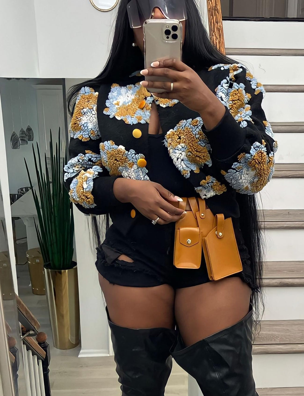 Womens Cropped Floral Print Jacket Warm Fleece Bomber Jacket Casual Button Down Coats Fall Puff Outerwears