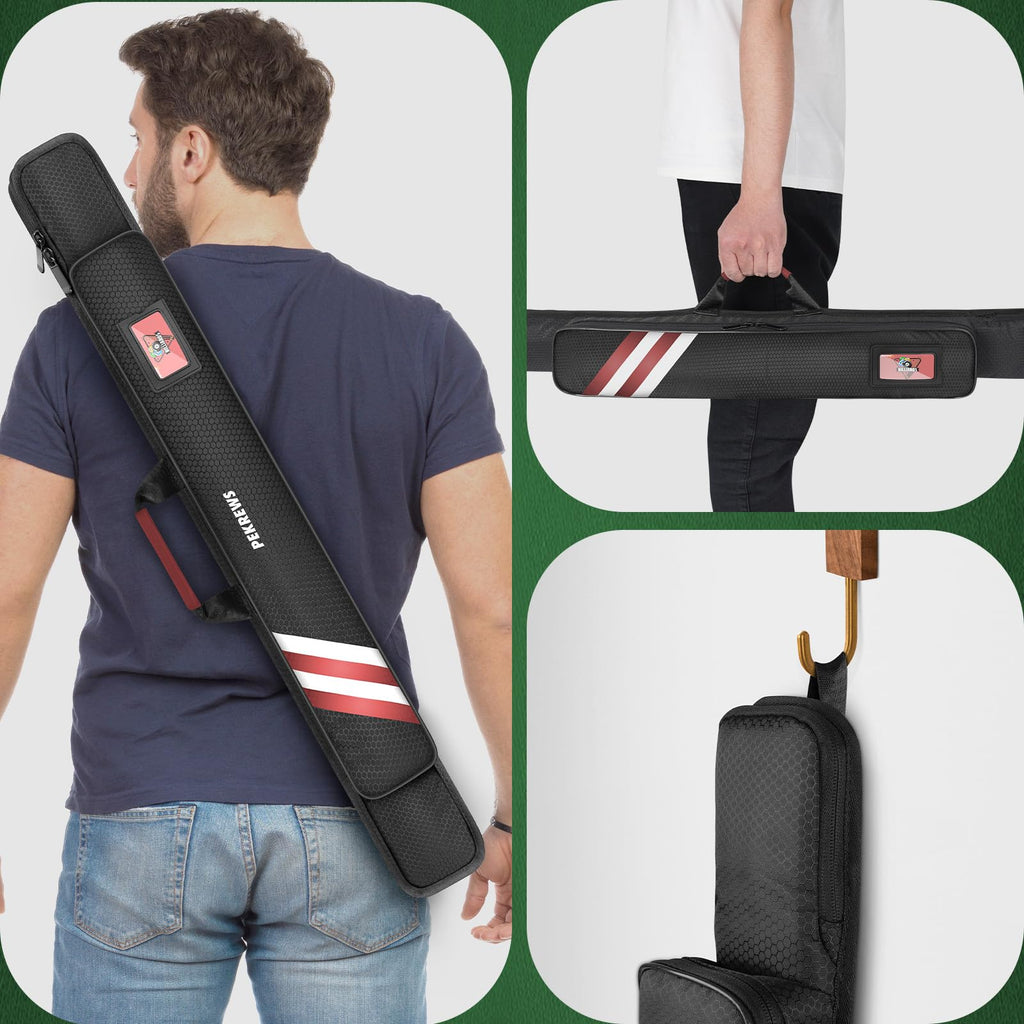PEKREWS Pool Cue Case, Soft Pool Stick Case 1x1 Holds 1 Butt and 1 Shaft with Queue Zipper Pocket, Sturdy Polyester Billiard Cue Bag with Shoulder Strap Handle, Billiard Stick Bag for Men and Women