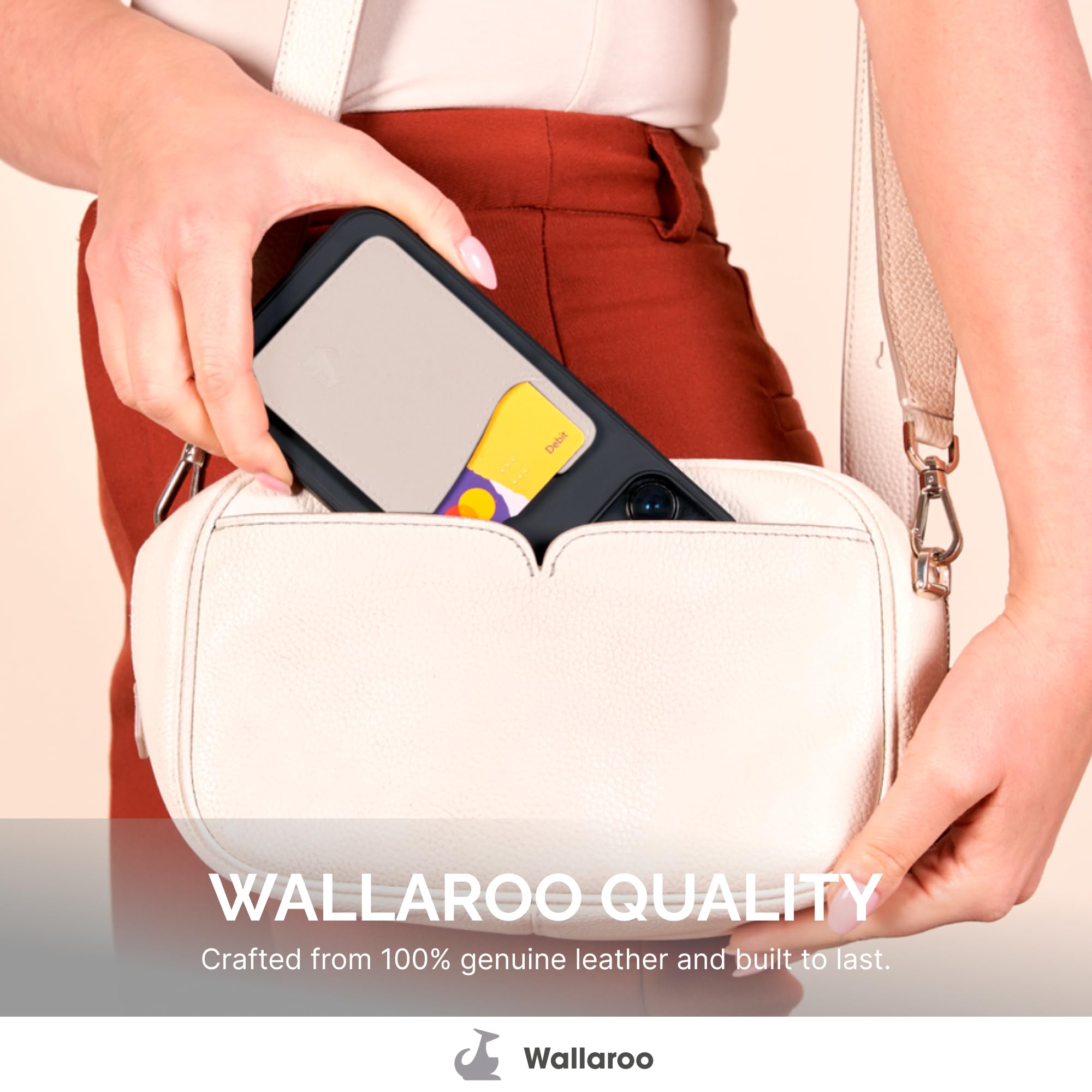 Wallaroo Premium Leather Cell Phone Wallet Stick On - Android and iPhone Wallet and Card Holder for Women and Men - Durable with Non-Slip Lining Secures Up to 3 Cards
