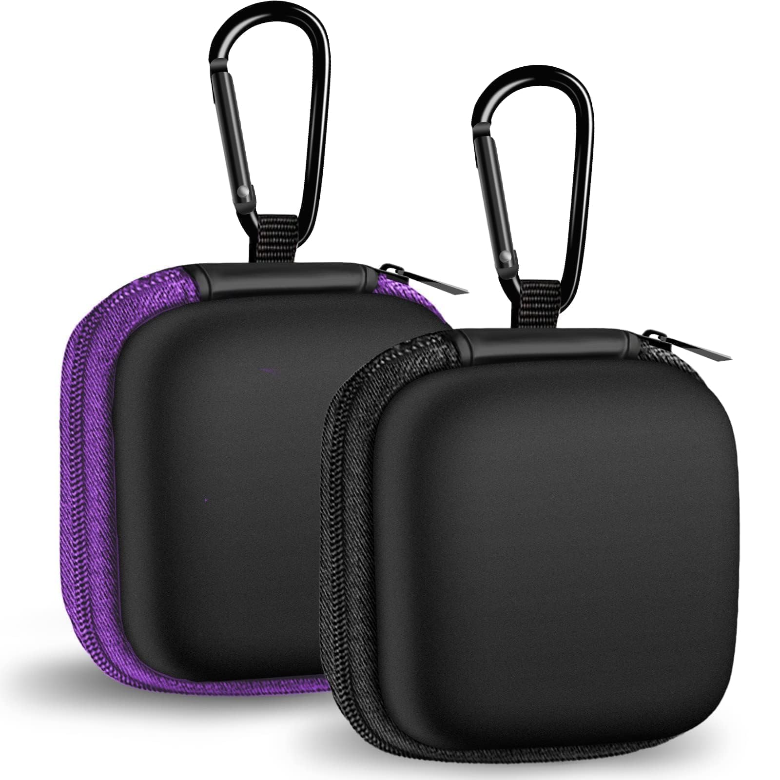 2Pack Oval Earbud Case Portable EVA Carrying Case Storage Bag Cell Phone Accessories Organizer with Carabiner for Earphone, Earbud, Earpieces, SD Memory Card, Camera Chips, Black/Purple