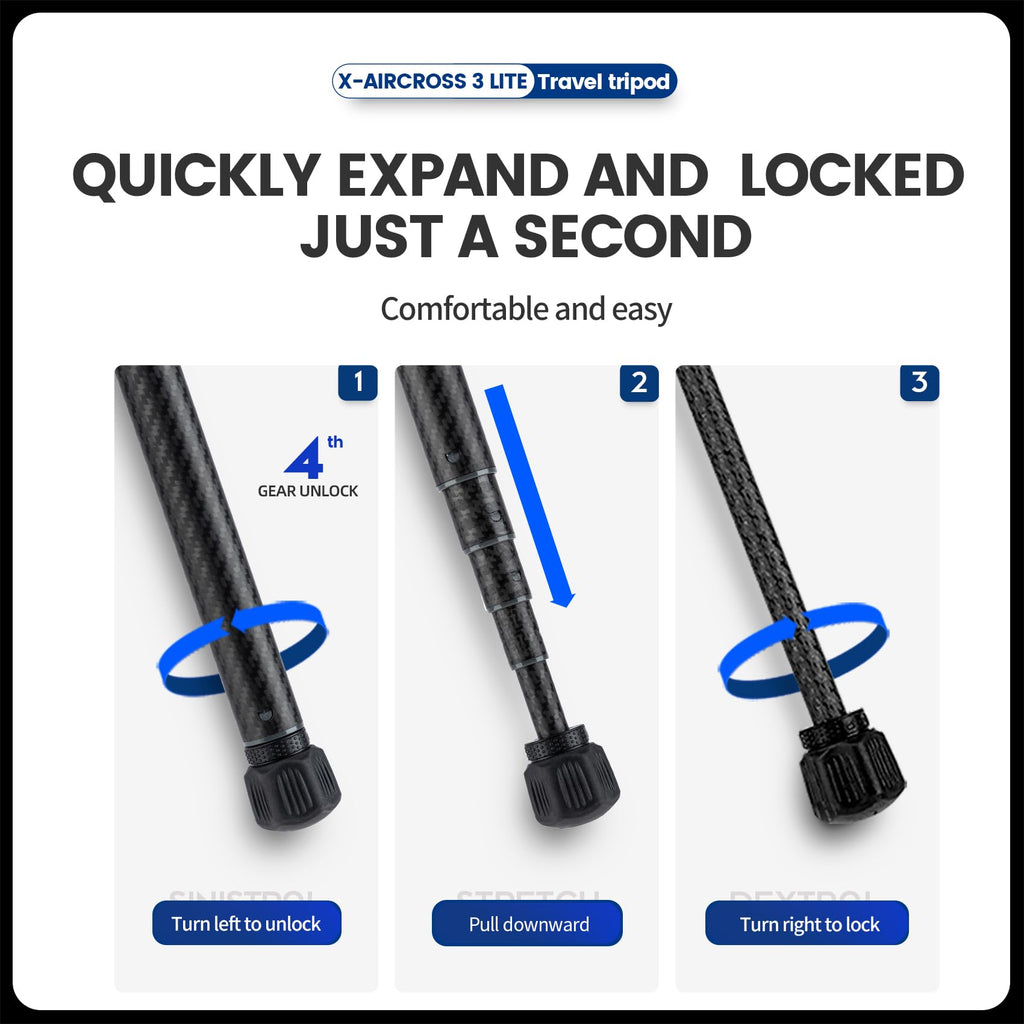 Fotopro 60" Camera Tripod, Carbon Fiber Travel Tripod with 360° Ball Head, Ultralight 2.1lbs, 22lbs Load, Quick Lock, Folds to 14.3" Carry-On, for DSLR Mirrorless Cameras, X-Aircross 3 Blue