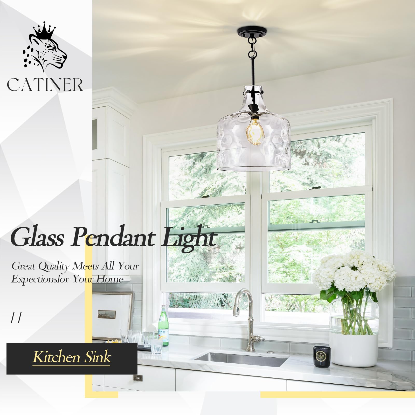 Glass Large Pendant Lights for Kitchen Island Blown Glass Pendant Light Clear Hammered Shade Hanging Ceiling Lights with Black Finish for for Kitchen Island, Sink, Hallway, Living Room 11 inch