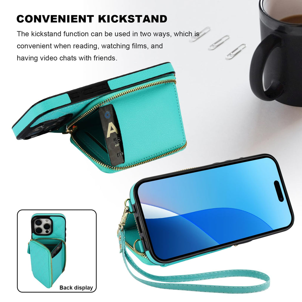 Bocasal Crossbody Wallet Case for iPhone 16 Pro, RFID Blocking PU Leather Zipper Handbag Purse Flip Cover, Kickstand Folio Case with Card Slots Holder Wrist Strap Lanyard 5G 6.3 Inch (Black)