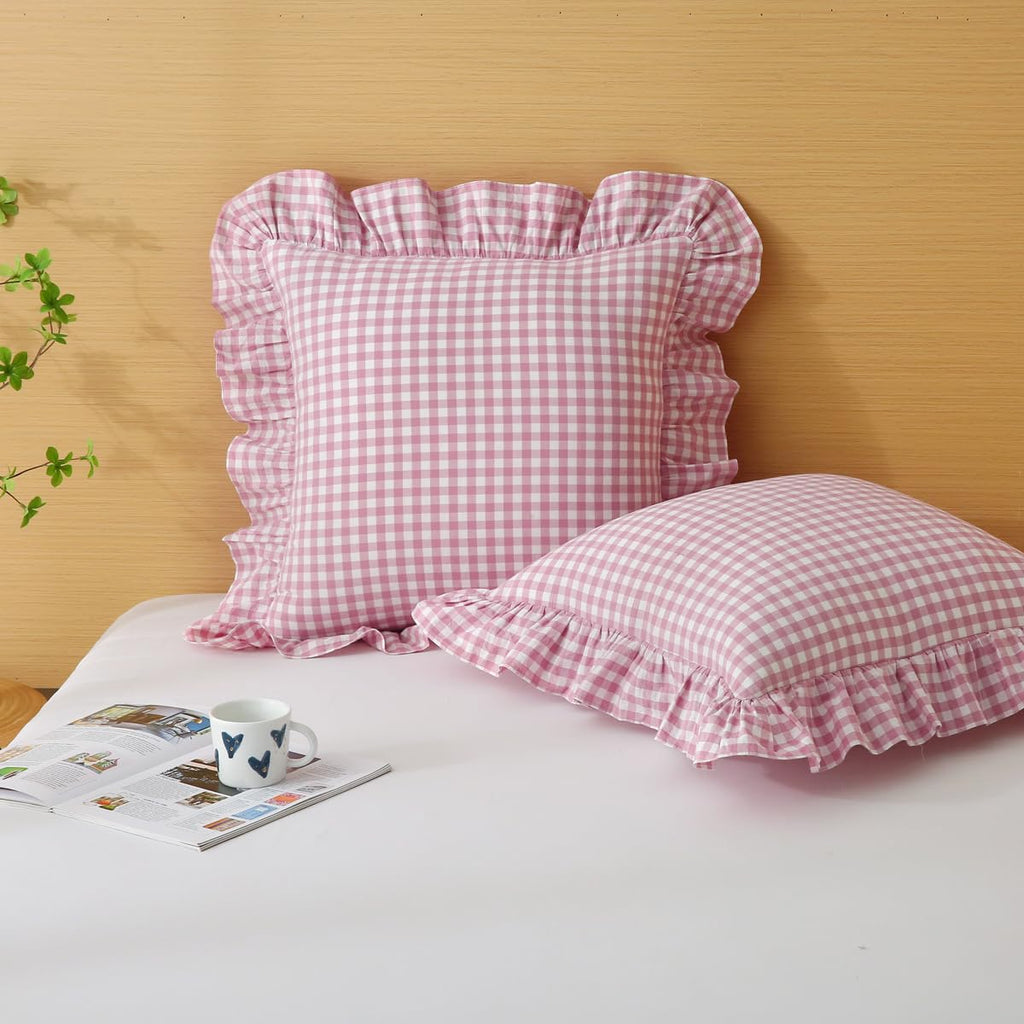 Silnuo Green/White Plaid Ruffled Queen Size Pillow Shams Set of 2,Washed Cotton Shabby Checkered Gingham Farmhouse Bed Pillow Covers 20"x30"