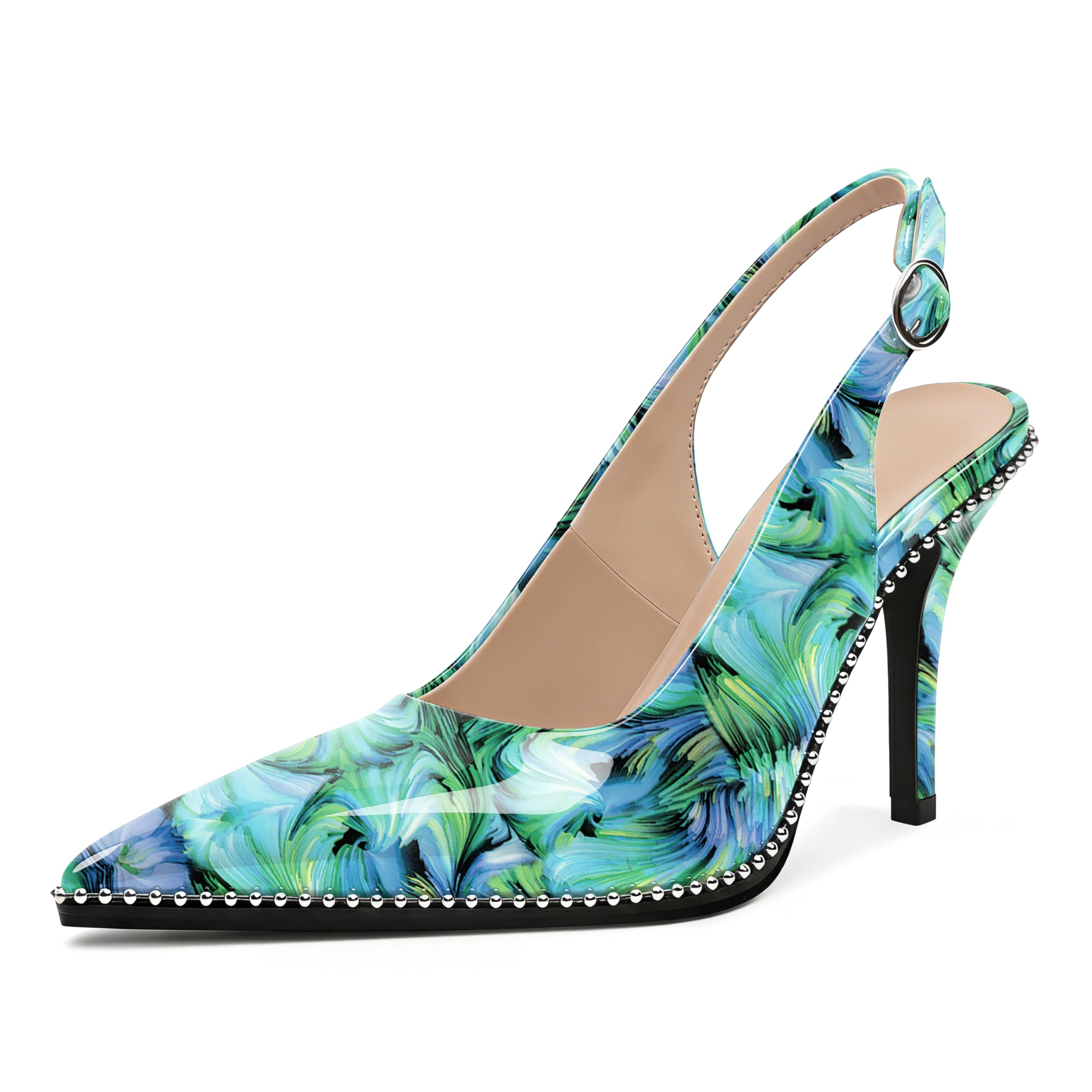 Zamikoo Women Beaded Pumps High Heel Slingback Pointed Toe Slip On 3.5 Inch Stilettos Ankle Strap Adjustable Buckle Patent Leather US Size 5 -Size 13