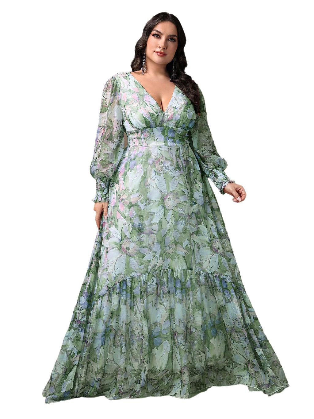 Spring Summer 2024 Plus Size Womens Dresses V Neck Casual Elegant Long Sleeve Floral Print Maxi Dress