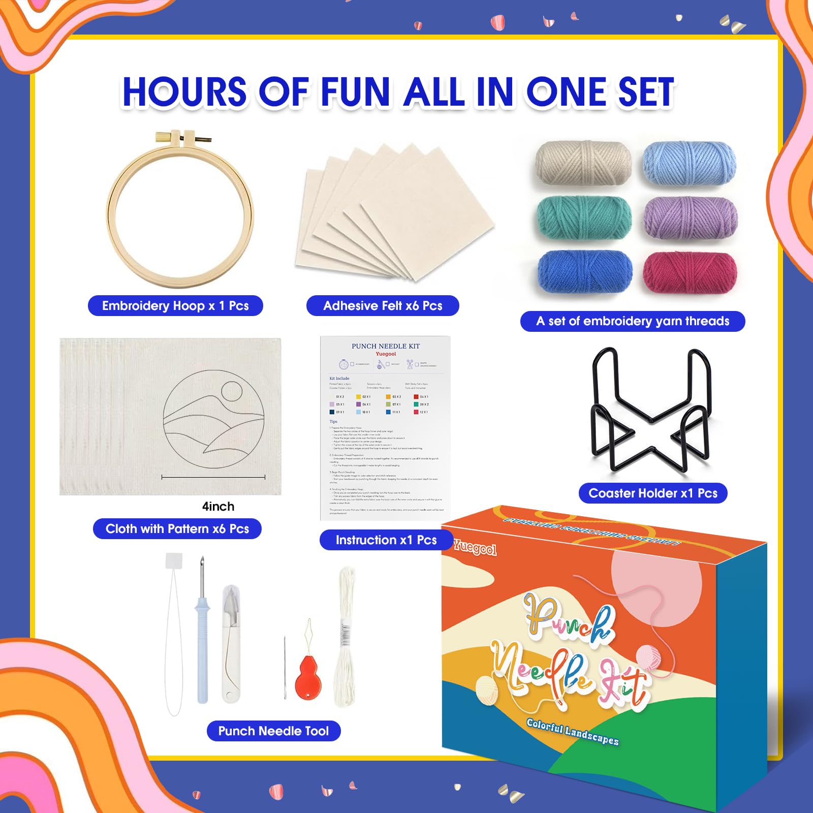 yuegool 6PCS Enchanted Oddities Punch Needle Coasters Kit – Easy DIY Embroidery Kit for Beginners, Adults & Kids | Includes Patterns, Tools, Yarns, Hoop, Instructions, Coaster Holder