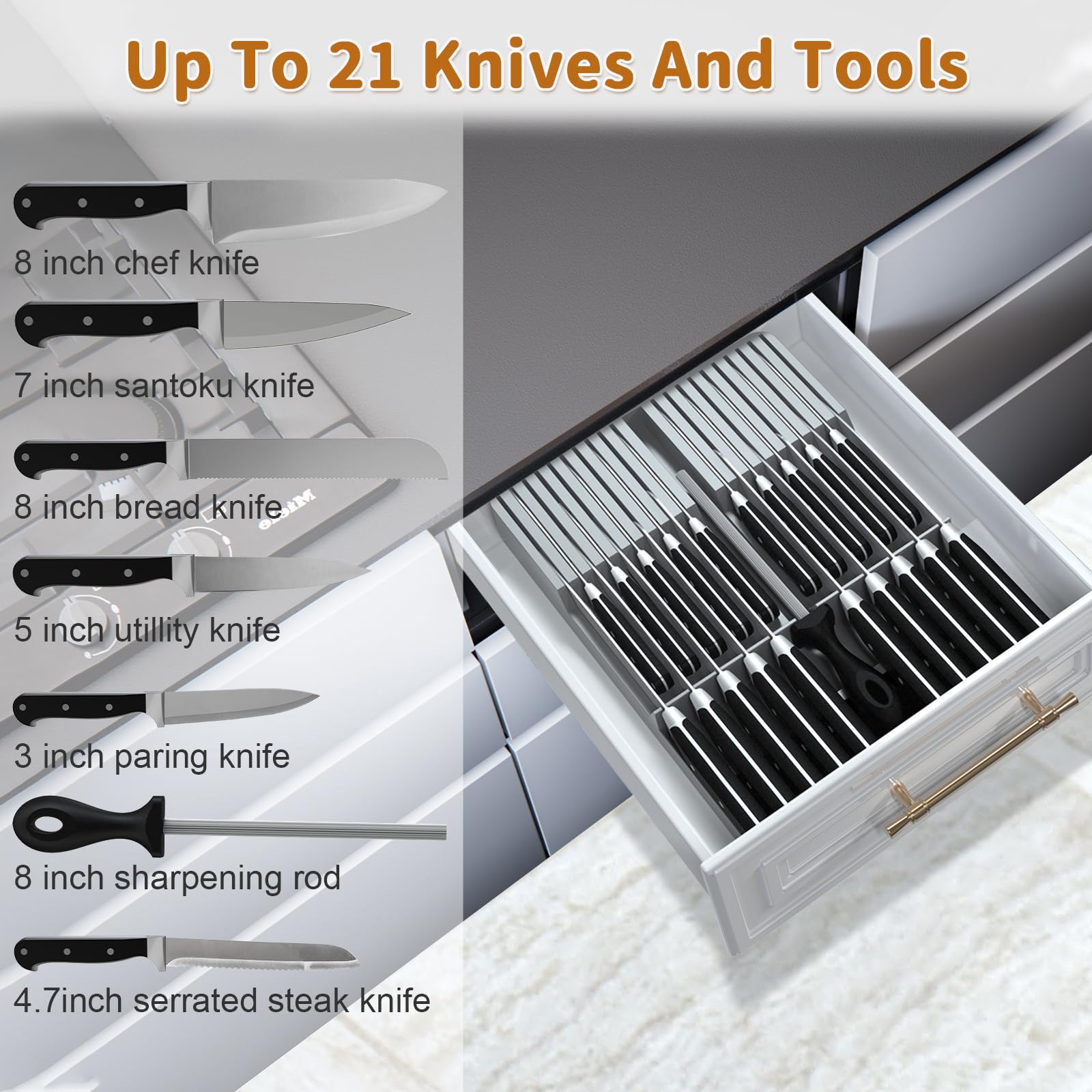NIUXX Bamboo In-Drawer Knife Block Set for 9 Knives(Not Included), Large Kitchen Detachable Washable Cutlery Slot Organizer Storage Holder for Sharpening Steel and Cutter