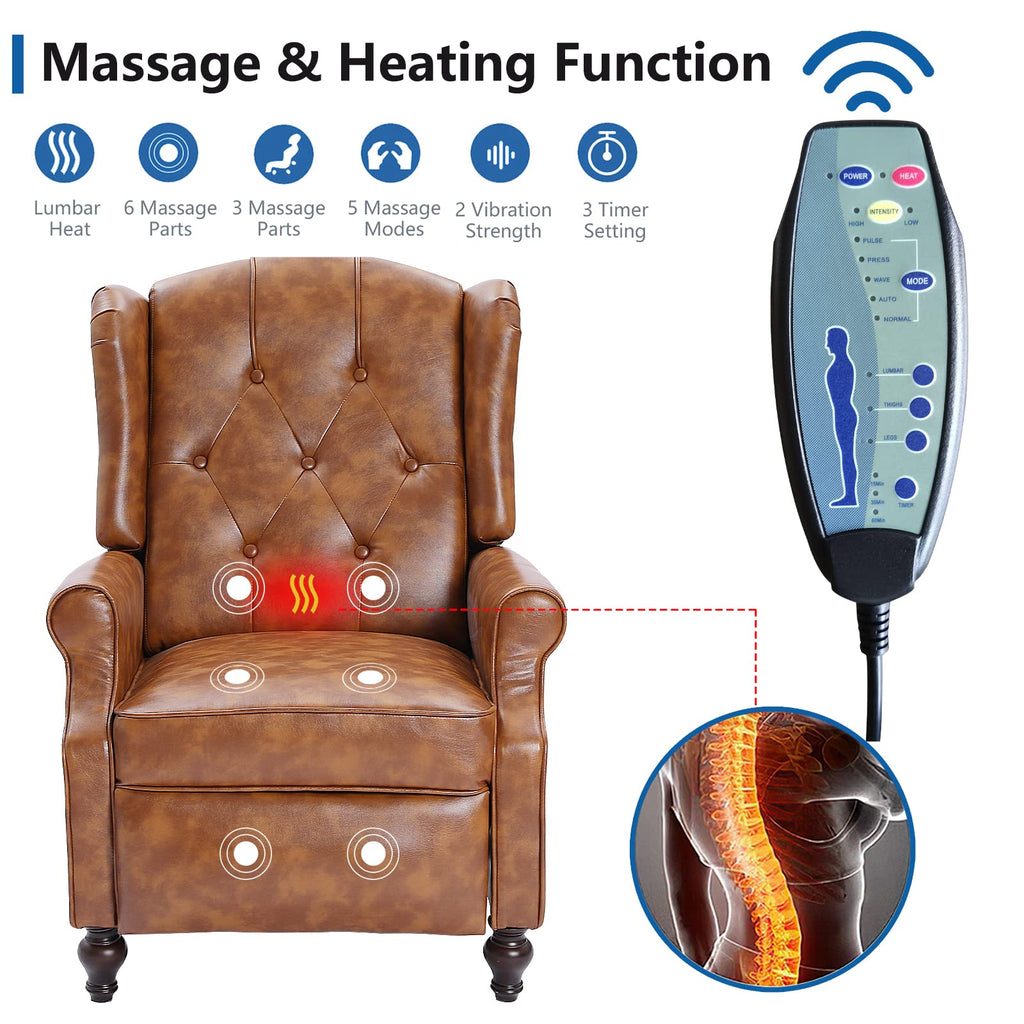 Wingback Chair with Massage and Heat, Tufted Fabric Pushback Recliner Chair, Wingback Recliner Chair with Remote Control, Padded Cushion, Wooden Legs, Small Recliners for Small Spaces