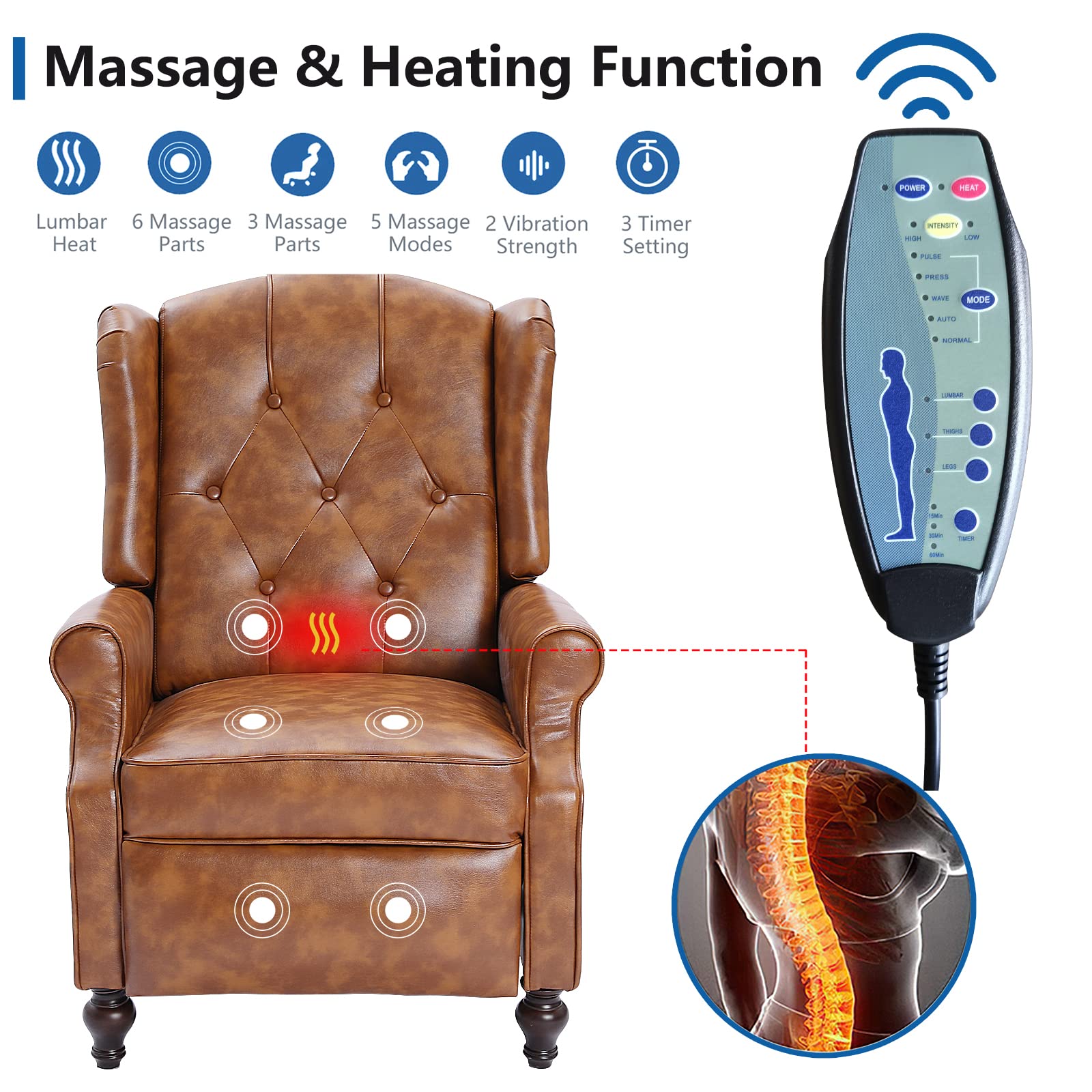 Wingback Chair with Massage and Heat, Tufted Fabric Pushback Recliner Chair, Wingback Recliner Chair with Remote Control, Padded Cushion, Wooden Legs, Small Recliners for Small Spaces