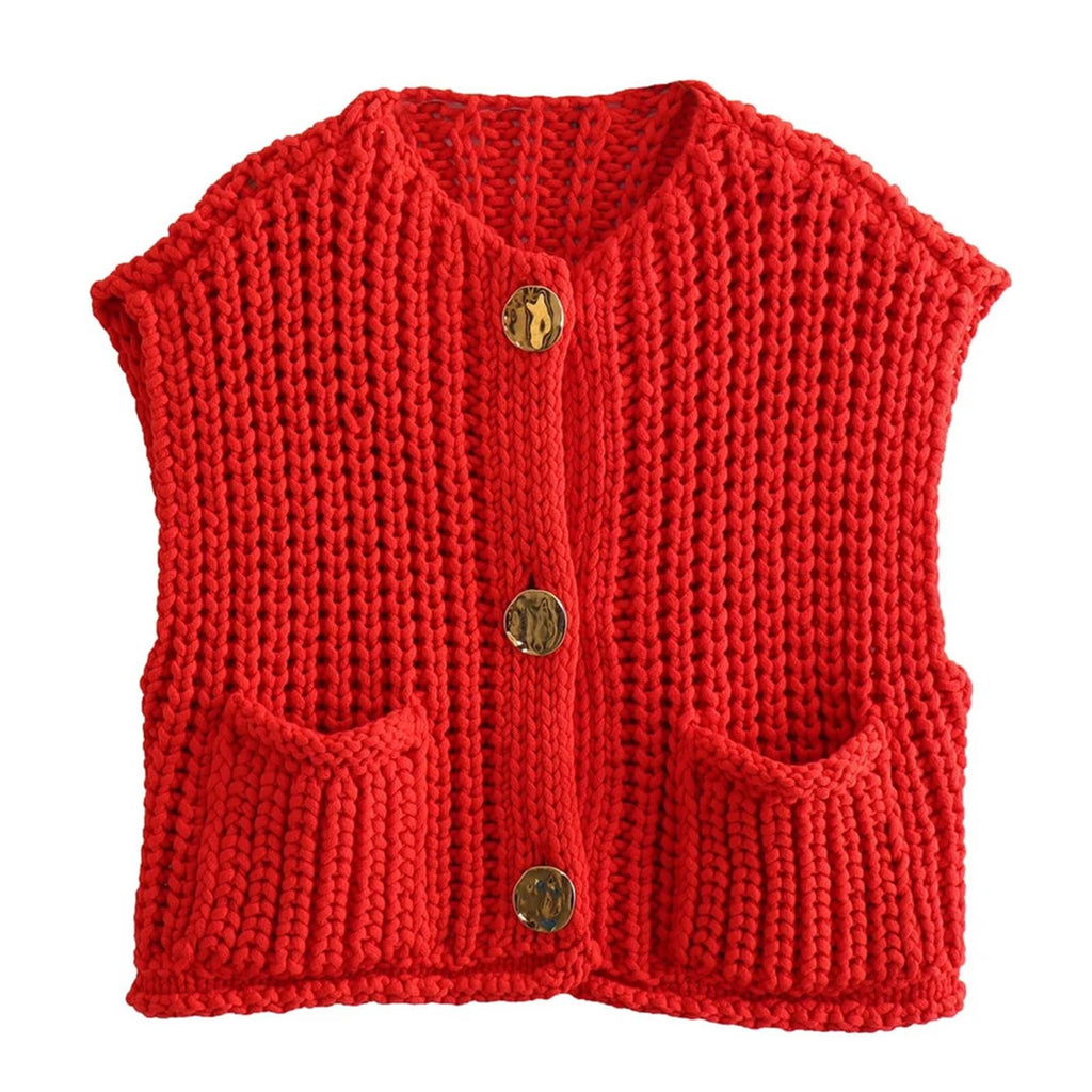 KEOMUD Women's Sleeveless Cropped Knit Cardigan Casual Button Down Crochet Sweater Vest Tops with Pockets