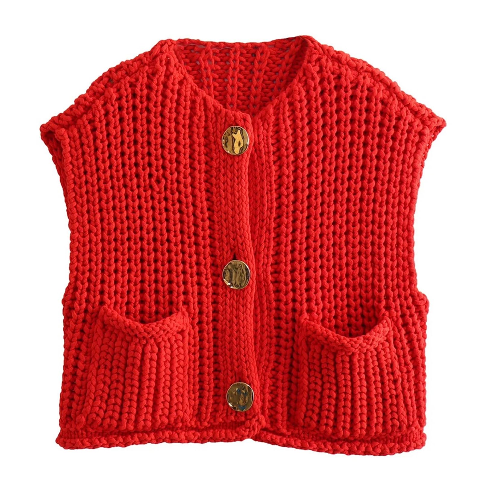 KEOMUD Women's Sleeveless Cropped Knit Cardigan Casual Button Down Crochet Sweater Vest Tops with Pockets