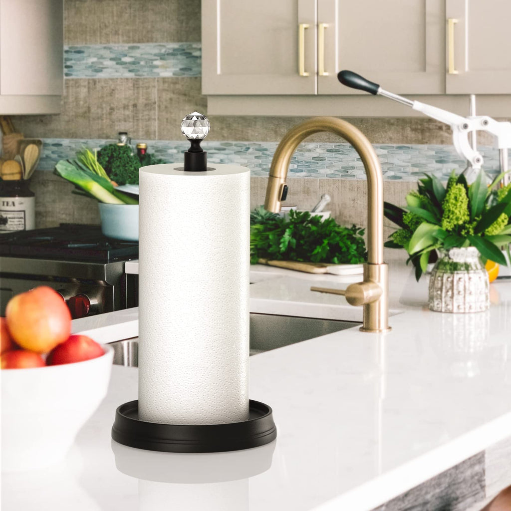 KASUNTO Paper Towel Holder with Crystal Ball - Steel Countertop Stand, Fits Standard & Jumbo Rolls, Brushed Nickel
