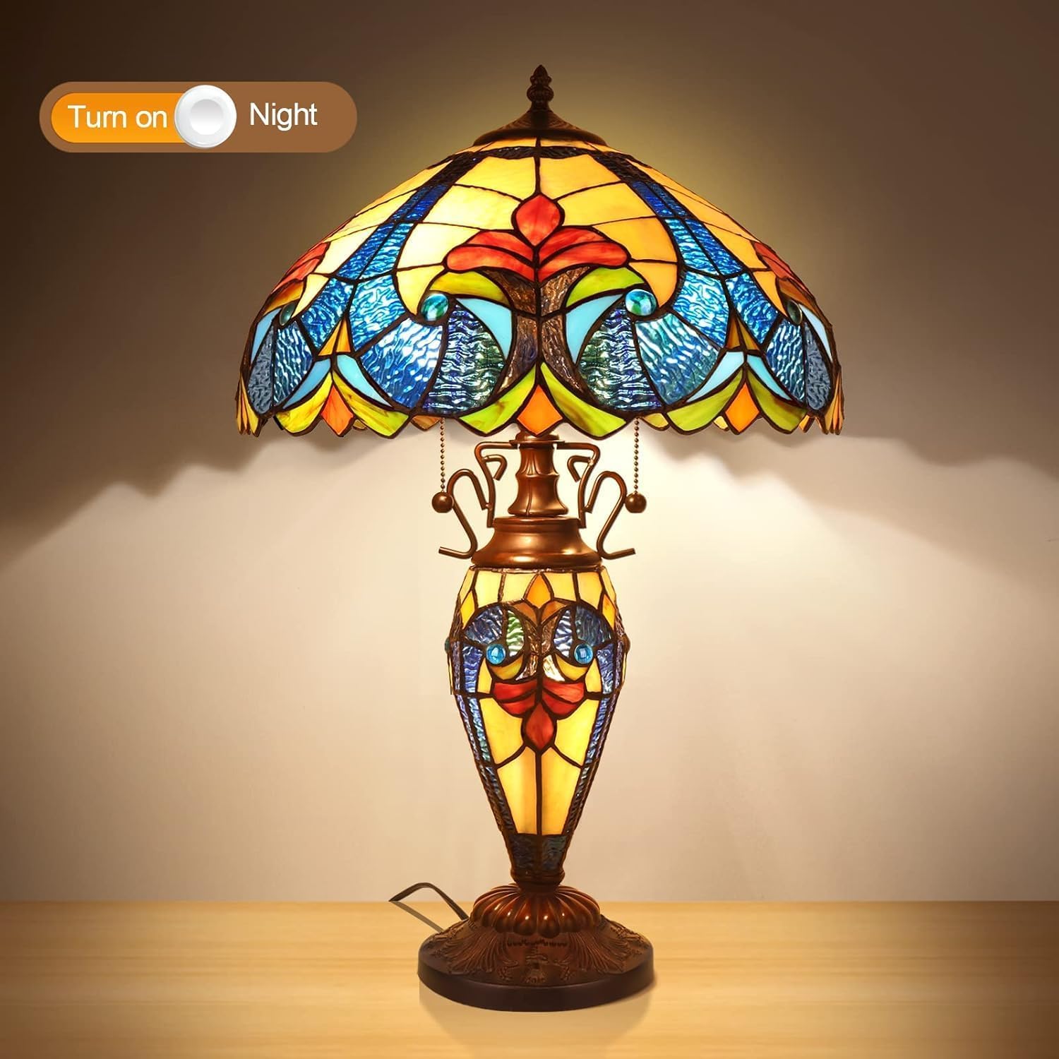 Pterying Tiffany Lamp, 24'' Tall Tiffany Table Lamp with Retro Pull Switch, 3 LED Bulbs Included, Vintage Living Room Bedroom Home Office Bedside Reading Lamp