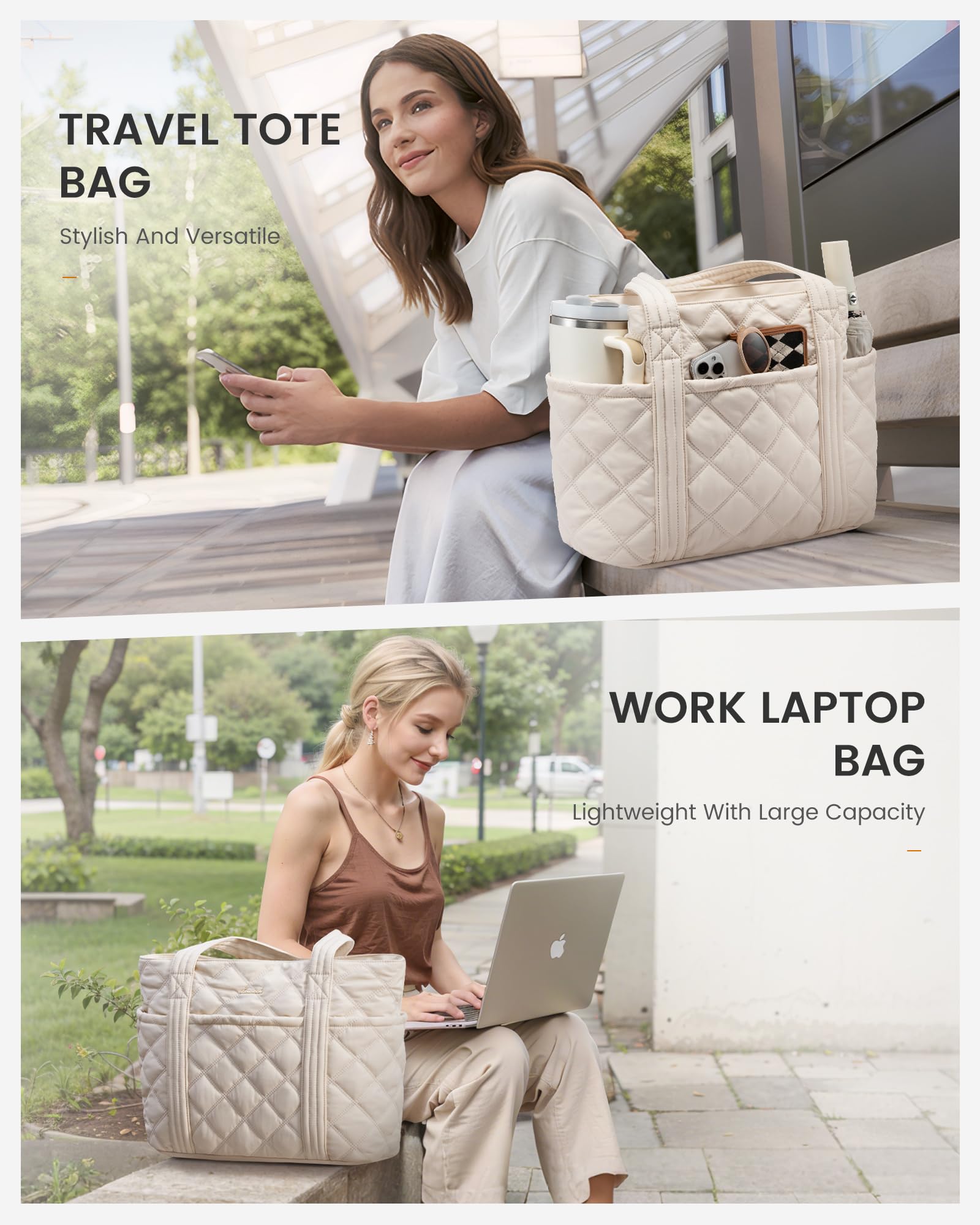 LOVEVOOK Puffer Tote Bag for Women, Puffy Work Handbag with Cup Holder, Travel Carry On Bag with Zipper for Teacher Nurse Gym