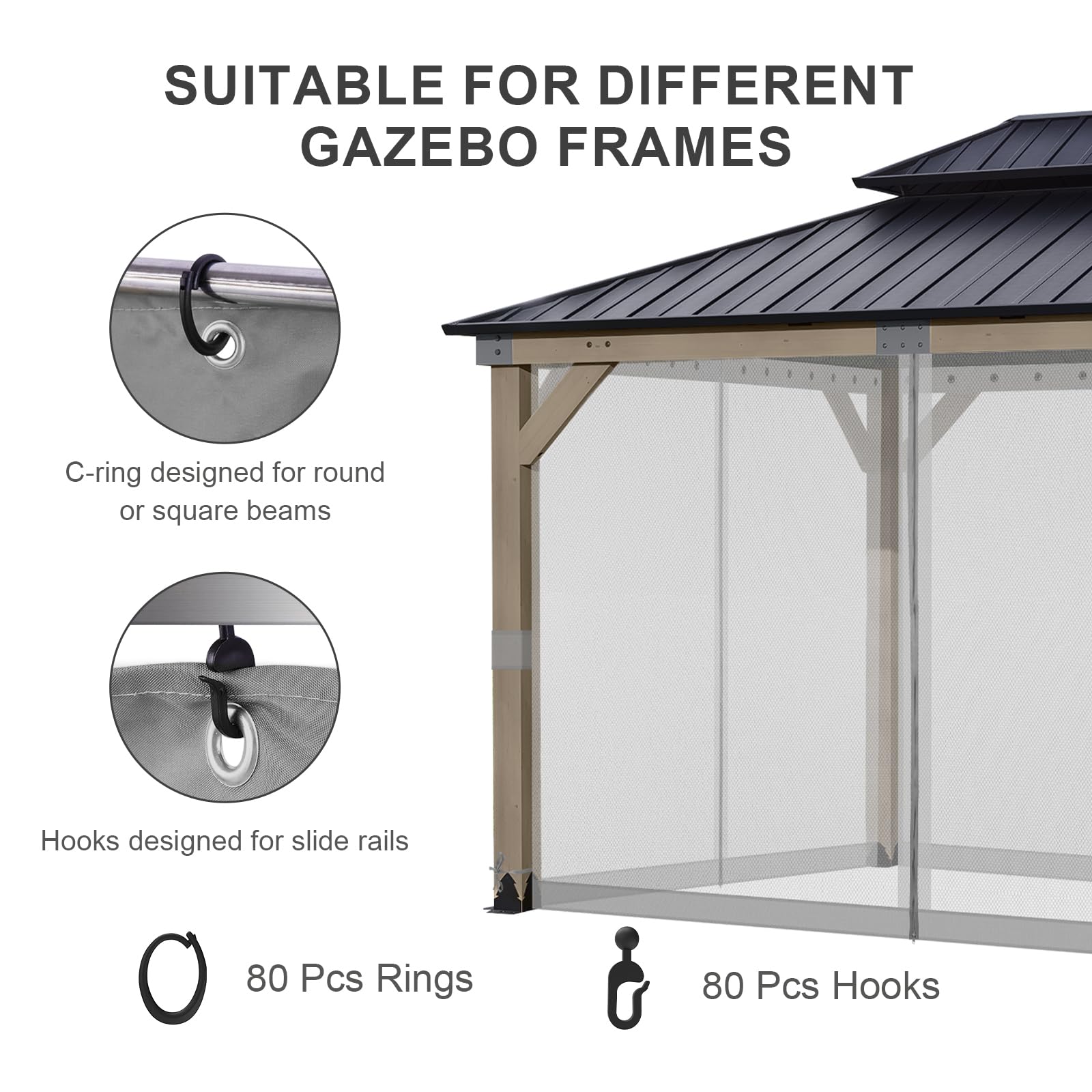 BPS 10' x 10' Gazebo Universal Mosquito Netting Screen Replacement, 4-Panel Mesh Screen Walls with Double Zippers for Outdoor Patio, Khaki (Mosquito Net Only)