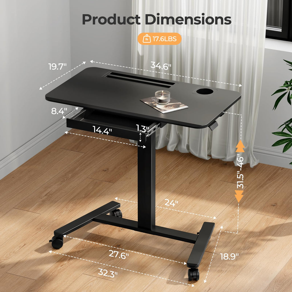 Small Mobile Standing Desk with Drawer, 23.6"x19.7" Rolling Laptop Cart on Wheels, Height Adjustable Sit Stand Computer Workstation with Storage for Compact Space, Black