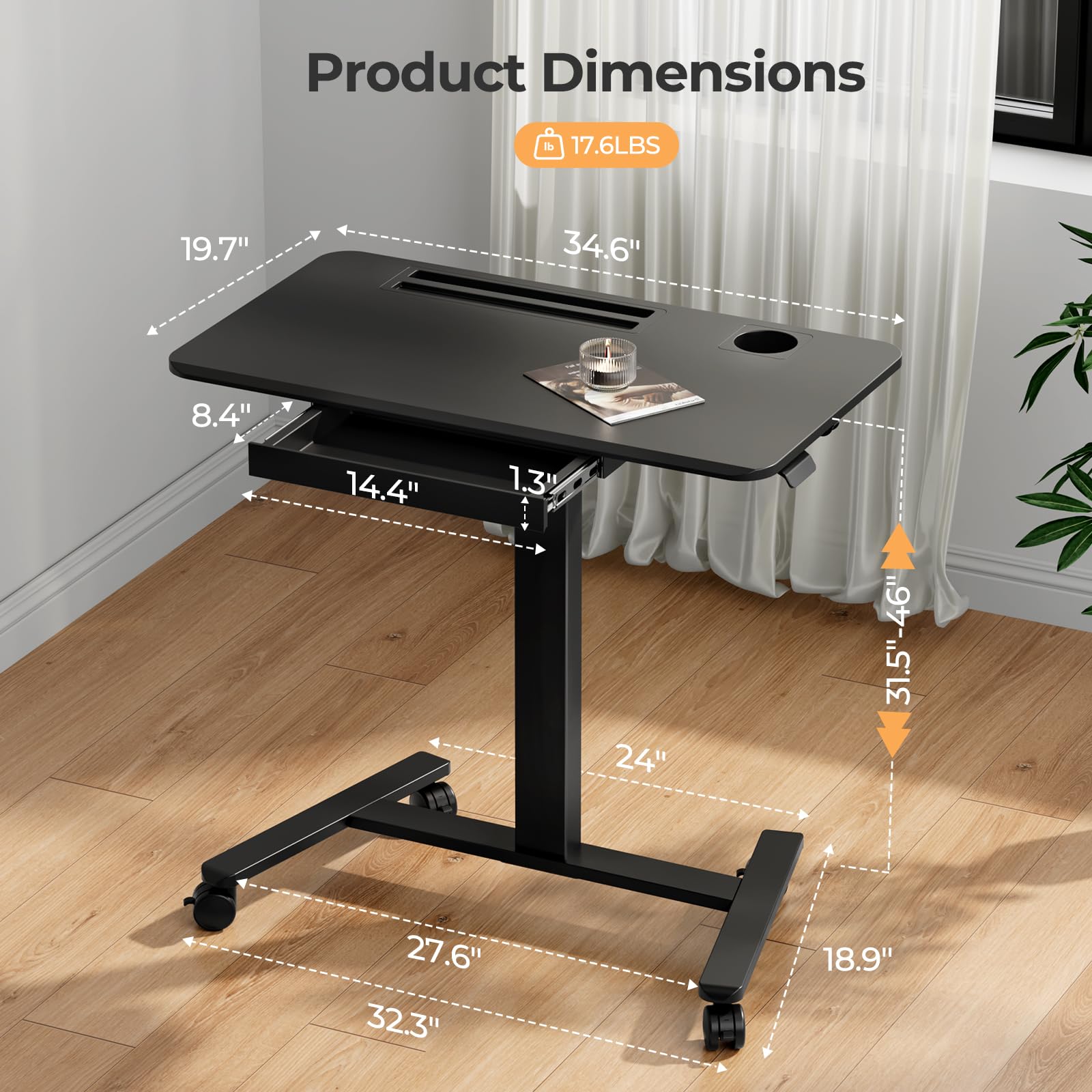 Small Mobile Standing Desk with Drawer, 23.6"x19.7" Rolling Laptop Cart on Wheels, Height Adjustable Sit Stand Computer Workstation with Storage for Compact Space, Black
