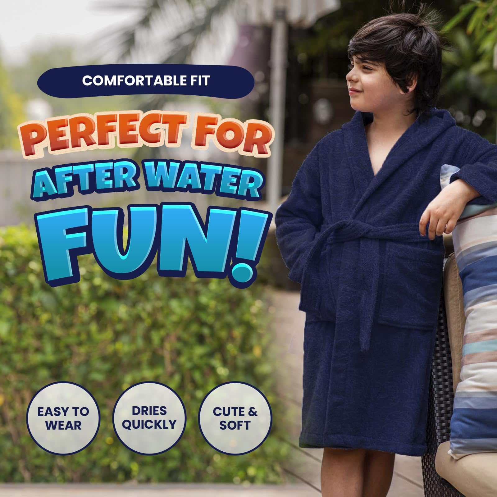 ALLEN & MATE 100% COTTON Hooded Kids Bathrobe – Soft, Medium Weight Absorbent Bath Towel Robe for Boys & Girls, 6-15 Years