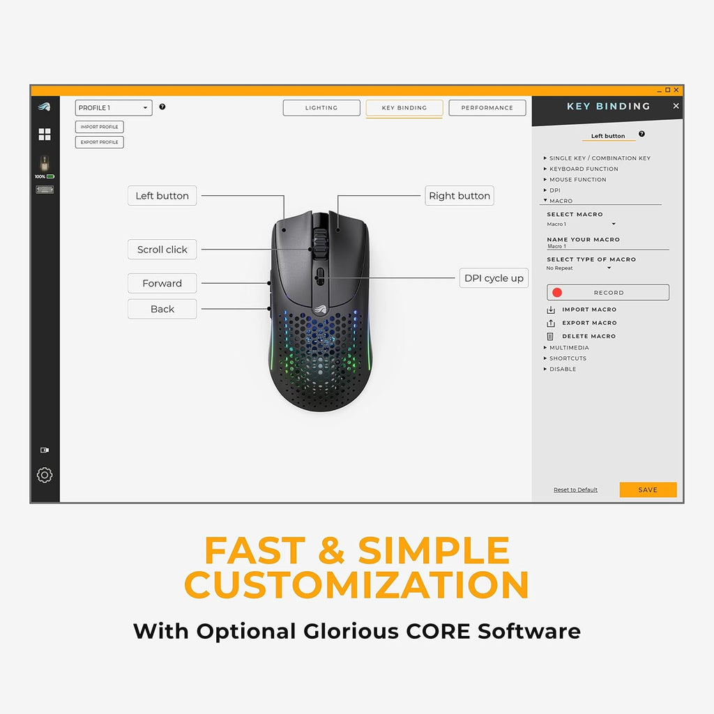 Glorious Gaming Model O 2 Wireless Gaming Mouse - Hybrid 2.4GHz & Bluetooth Wireless, 68g Superlight, Long Battery Life, 26k BAMF 2.0 Sensor, RGB, Ambidextrous, 6 Buttons, PTFE Feet - Black