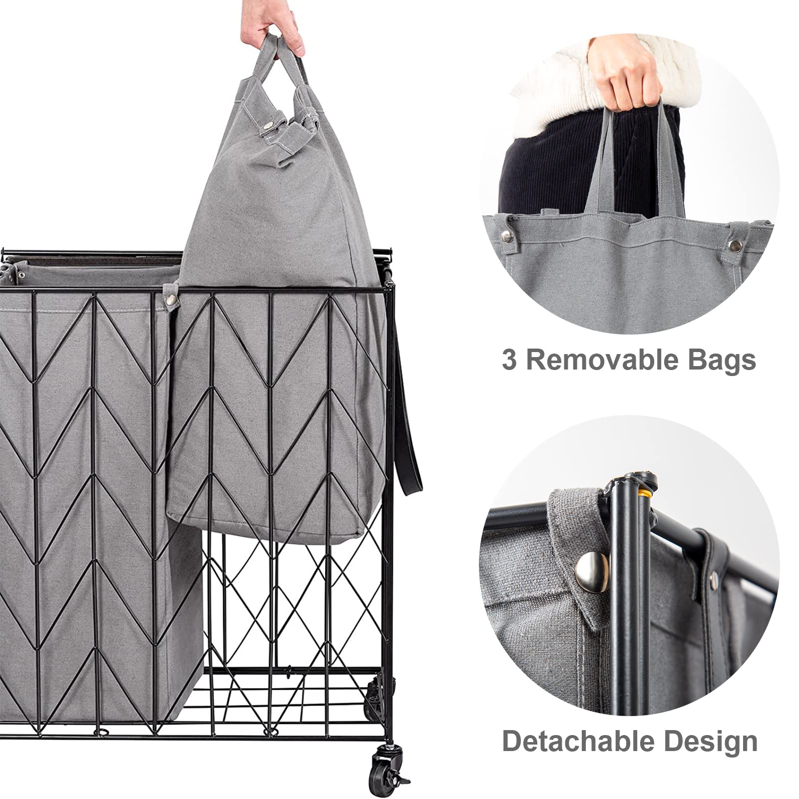 WOWLIVE Laundry Basket with Wheels, Heavy Duty Laundry Hamper with Wood Lid, Clothes Hamper with Divided Removable Liner Bag, Large Capacity Iron-Made Laundry Sorter Laundry Room Organization (Beige)