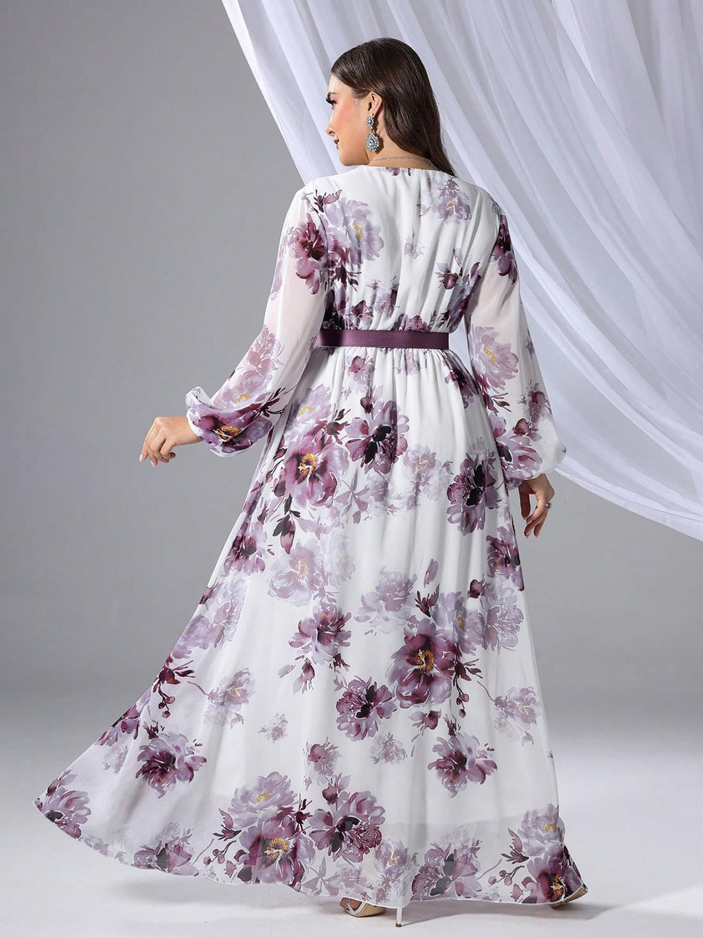 Spring Summer 2024 Plus Size Womens Dresses V Neck Casual Elegant Long Sleeve Floral Print Maxi Dress