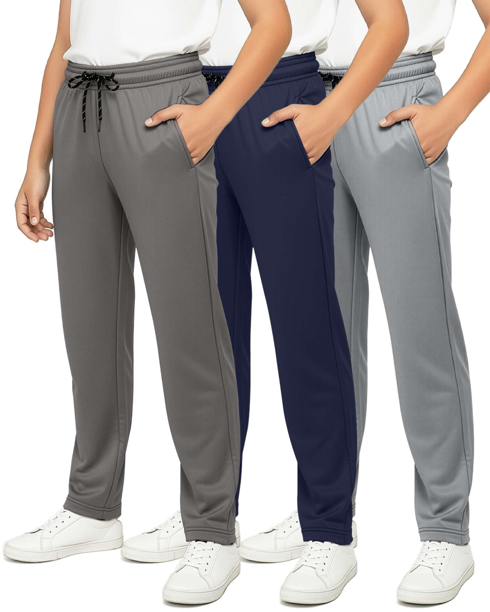 Real Essentials 3 Pack: Boys' Mesh Open Bottom Active Sweatpants with Pockets & Drawstring