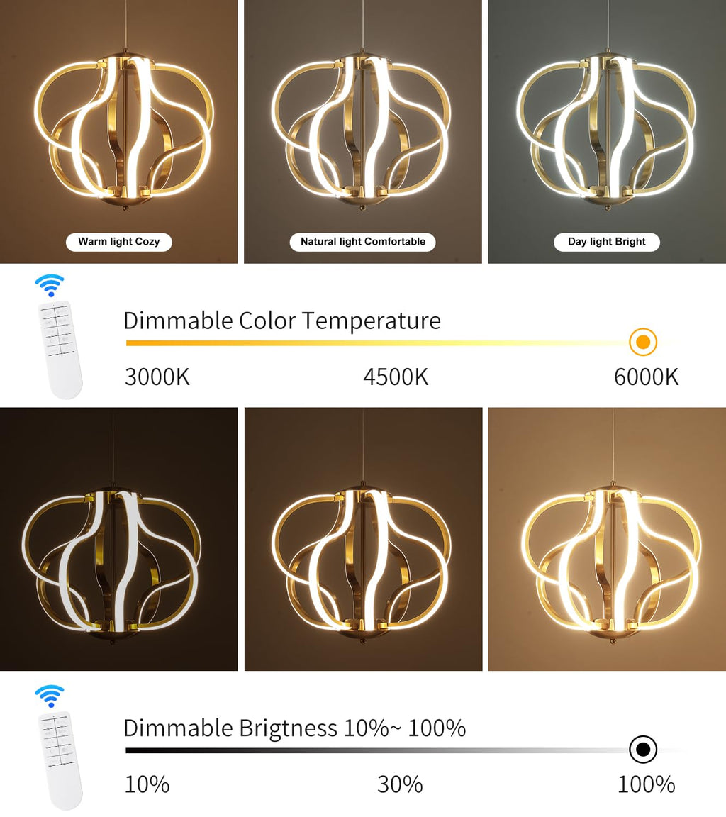 Modern Gold LED Chandelier with Remote Control, Dimmable LED Chandelier with 3 Color Temperature,8 Lights Hanging Pendant Lights for Dining Room Foyer Entryway Kitchen Living Room