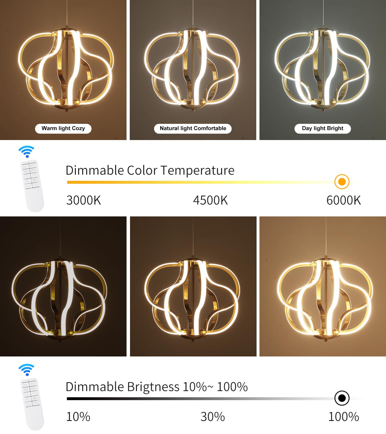 Modern Gold LED Chandelier with Remote Control, Dimmable LED Chandelier with 3 Color Temperature,8 Lights Hanging Pendant Lights for Dining Room Foyer Entryway Kitchen Living Room