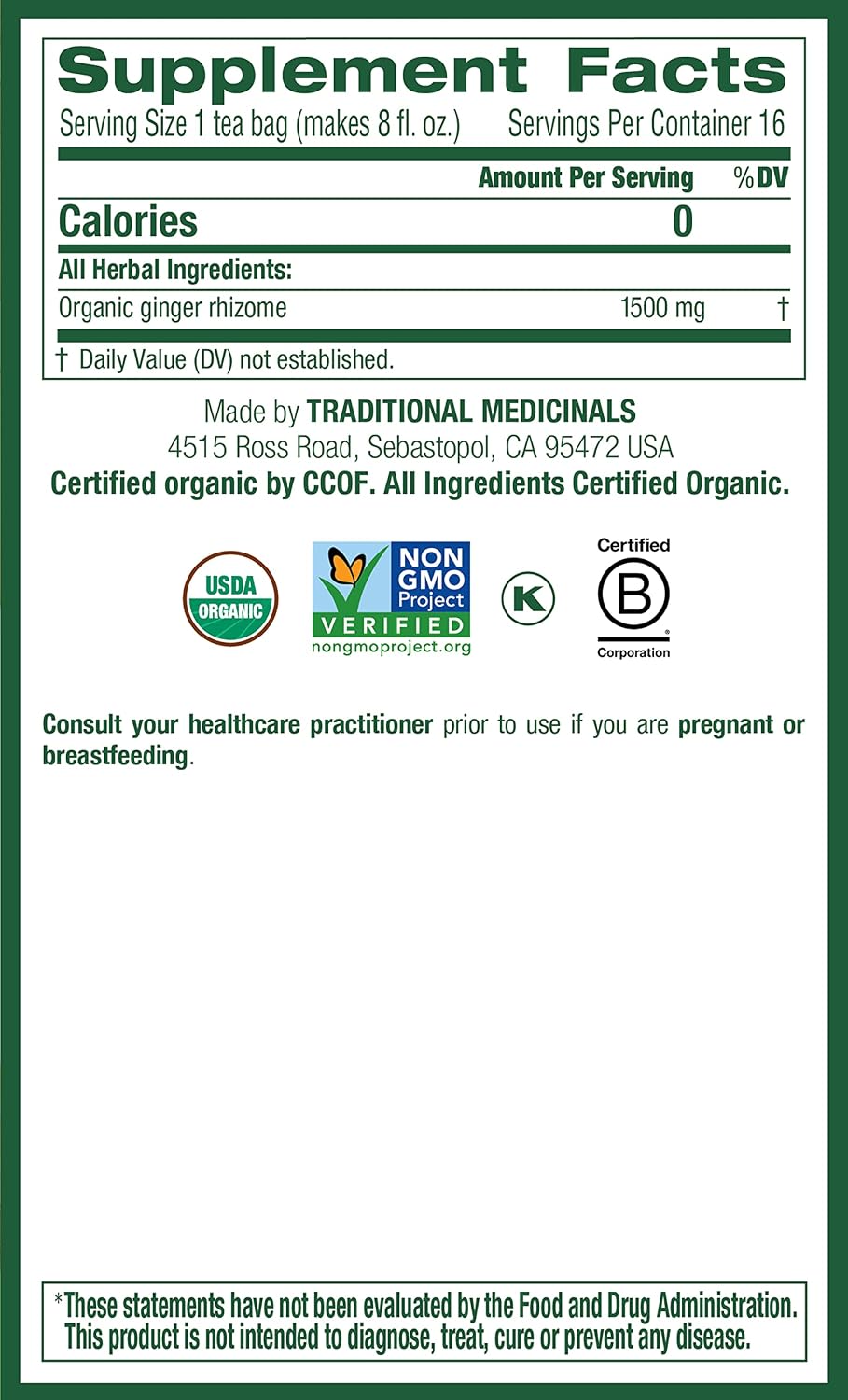 Traditional Medicinals Tea, Organic Ginger, Healthy Digestion, Pleasantly Spicy & Warming, Kosher, Non-GMO, Caffeine-Free, Compostable - 96 Tea Bags (6 Pack)