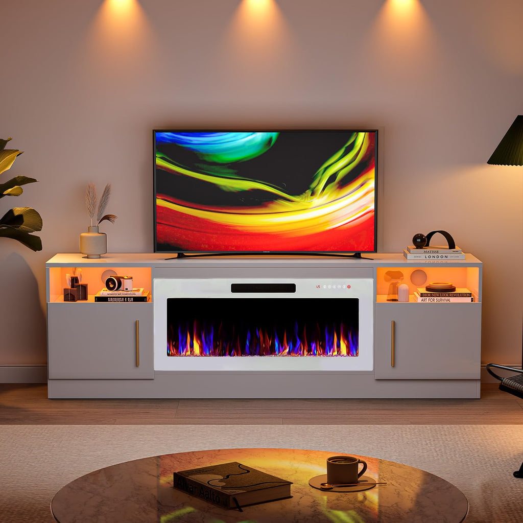 VITESSE 58 Inches Fireplace TV Stand for TVs up to 65 Inches Console with 18'' Electric Fireplace & Remote,Wooden Modern Entertainment Center for Living Room with LED Light Glass Shelves（Bei）