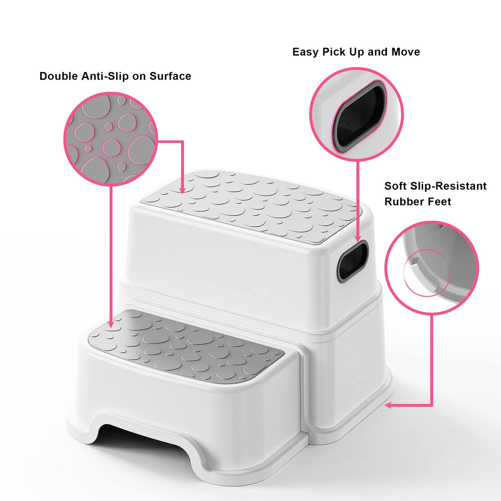 UNCLE WU Toddler Step Stool for Potty Training, Bathroom Sink & Toilet - 2 Step Kids Poop Stool, Non-Slip Step Stool with Handles, Dual Height Stepping Stool for Kitchen Counter (Include 2 Ducks)