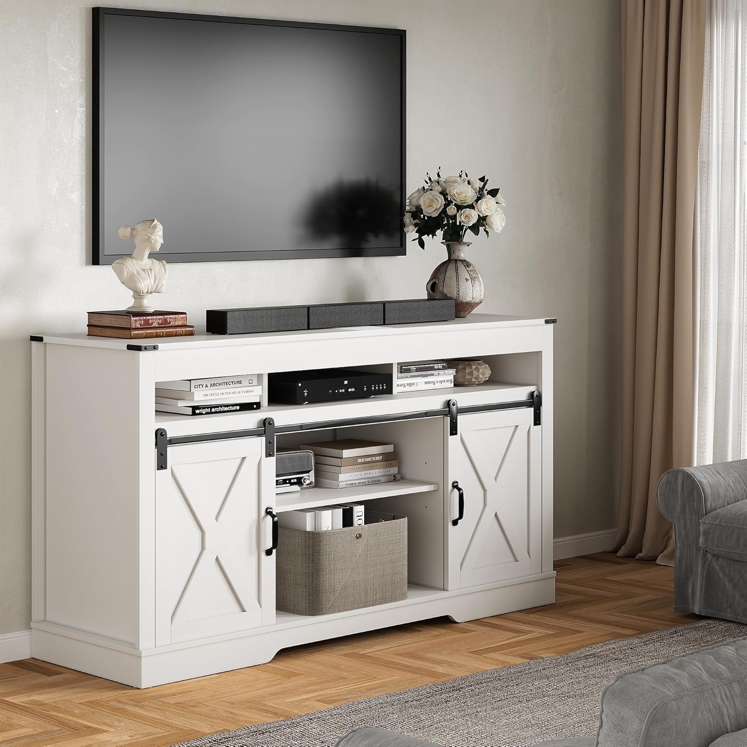 FansaFurn Farmhouse TV Stand for 65+ Inch TV, 34'' Tall Entertainment Center with Sliding Barn Doors, Rustic Wood Media Console Storage Cabinet Television Stand for Living Room, Bedroom (Black)