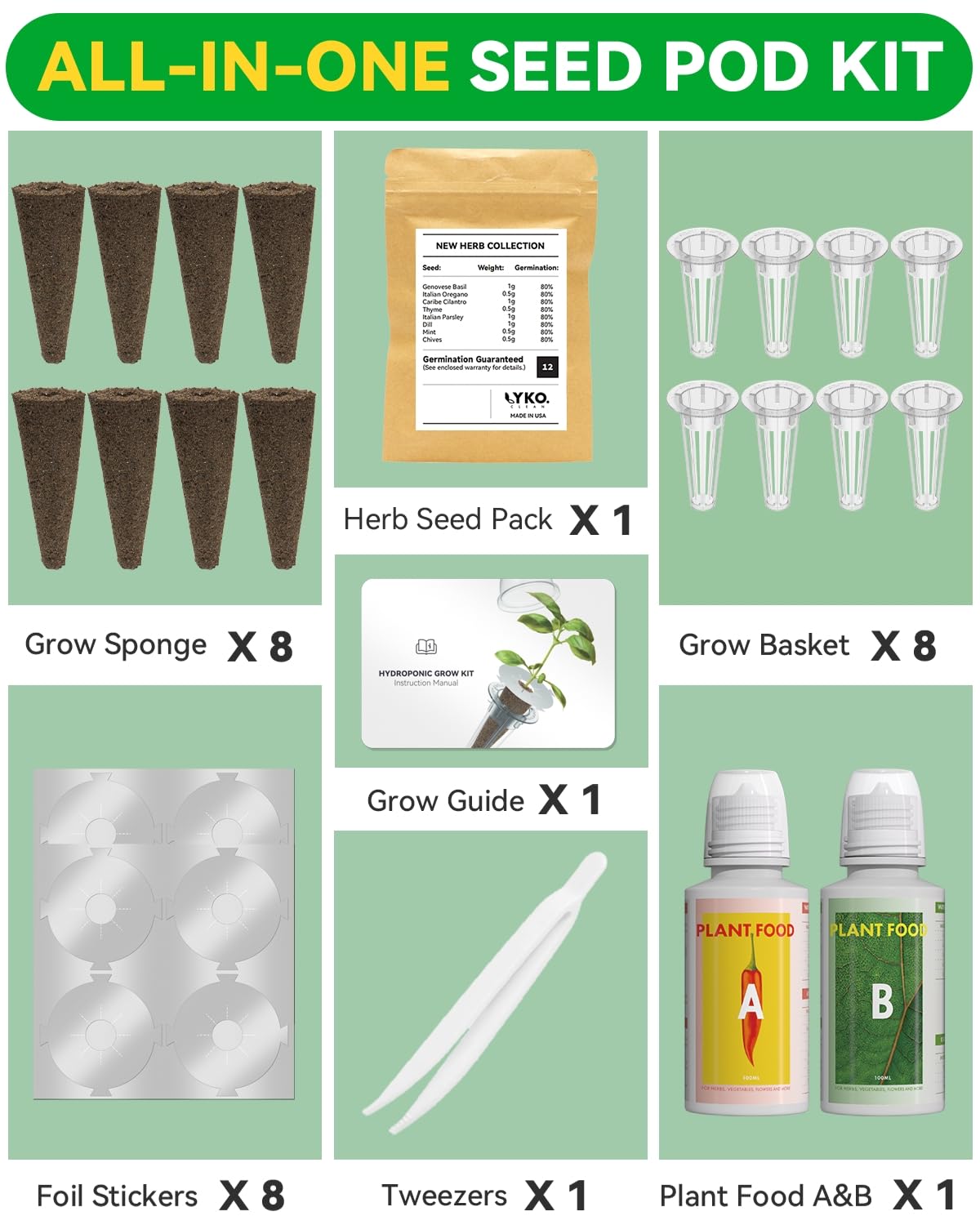 Hydroponics Seed Pod with Genovese Basil & Purple Basil, 8 Pods Complete Kit with Sponge, Basket, Dome, Label, Compatible with AeroGarden, Ahopegarden, GARDENCUBE, iDoo & MUFGA Indoor Smart Gardens