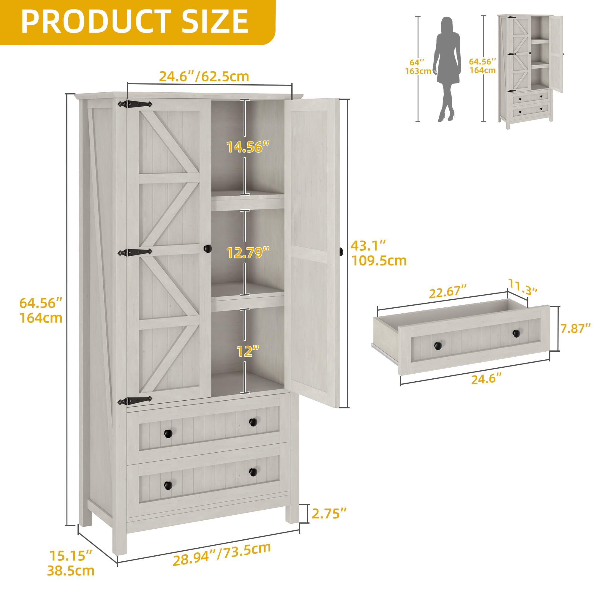DWVO Farmhouse Kitchen Pantry Cabinet, 64.5" Tall Storage Cabinet with 2 Drawers and Adjustable Shelves, Versatile Storage for Living Room, Dining Room or Hallway, Oak Black