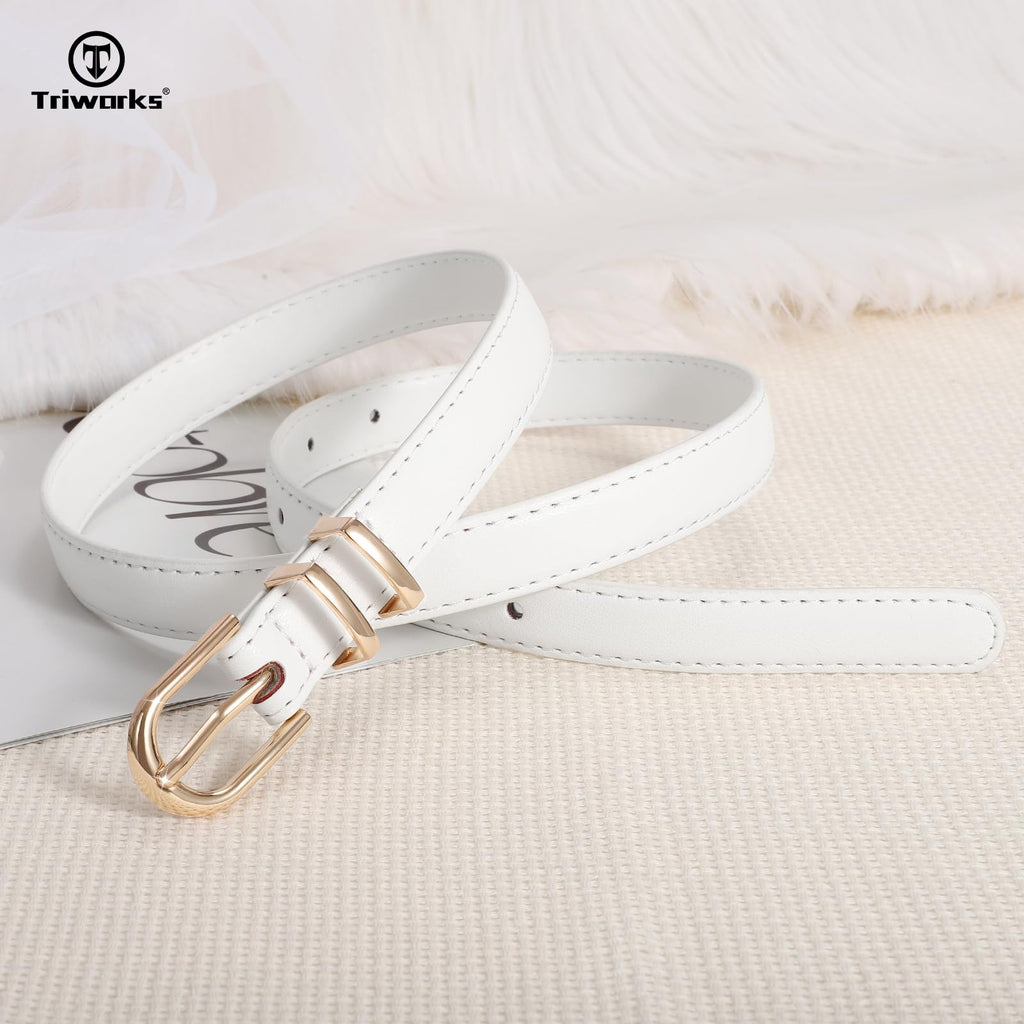 TRIWORKS 2 Pack Women Skinny Leather Belts for Jeans Pants Thin Faux Leather Belt with Gold Buckle