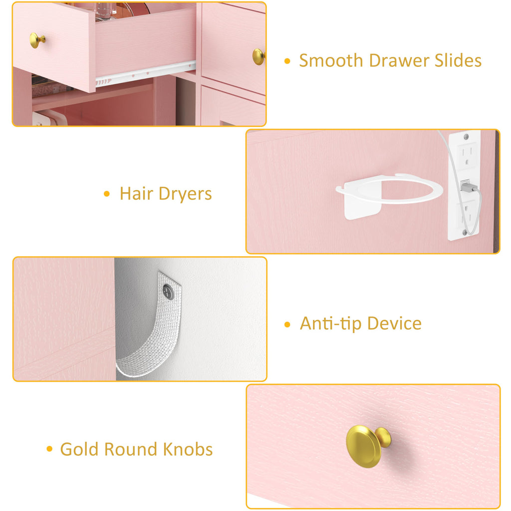 HUANLEGO Vanity Desk with Mirror and Lights, Makeup Vanity with Mirror and LED Lights & Power Outlet, 3 Drawers and Cabinets, 3 Lighting Modes Dressing Table Set for Girls Women Bedroom,Oak