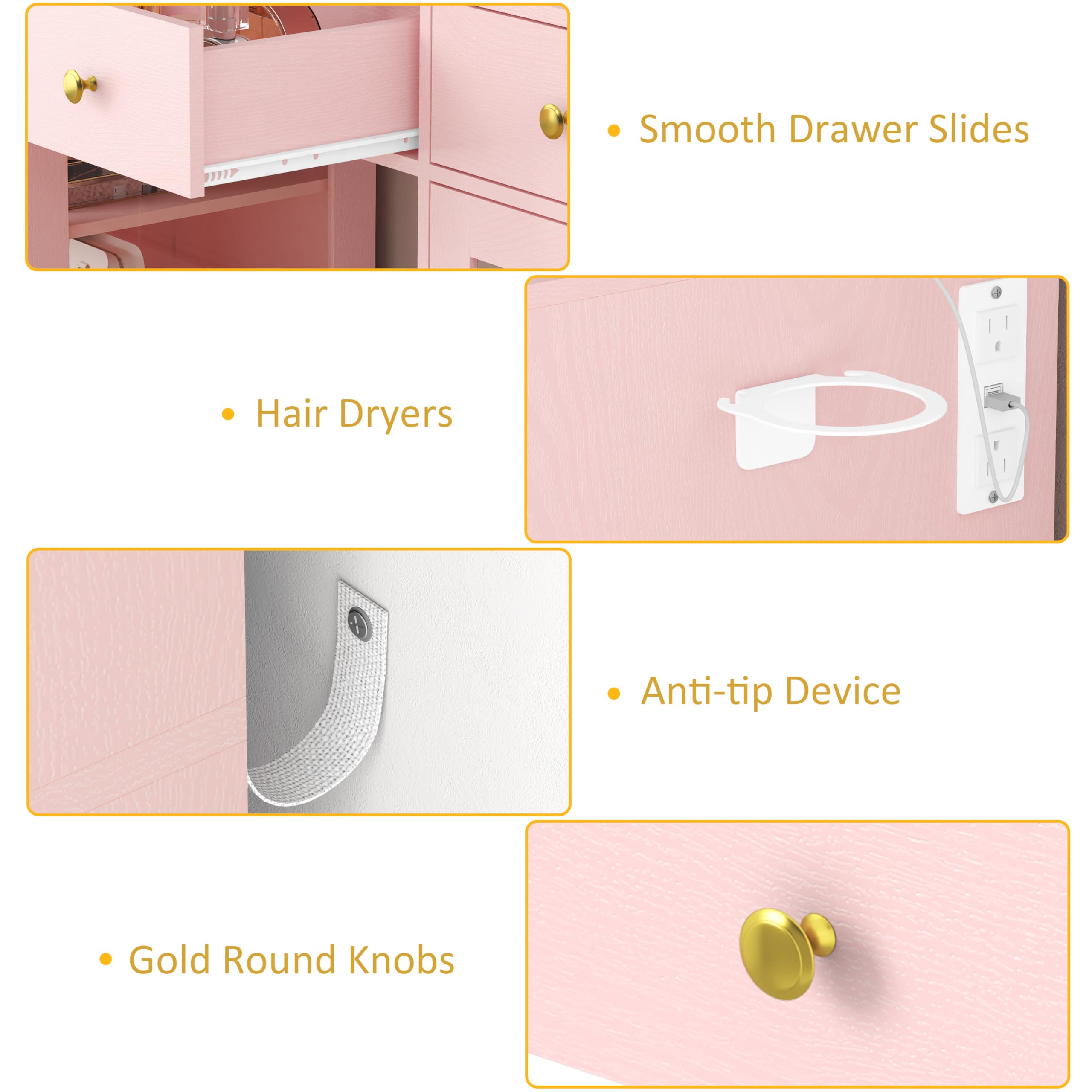 HUANLEGO Vanity Desk with Mirror and Lights, Makeup Vanity with Mirror and LED Lights & Power Outlet, 3 Drawers and Cabinets, 3 Lighting Modes Dressing Table Set for Girls Women Bedroom,Oak
