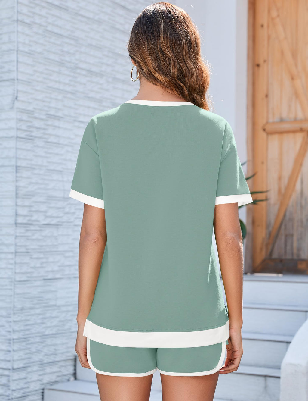 AKEWEI Shorts Sets Women 2 Piece Outfits Casual Short Sleeve Crewneck Tops and Drawstring Shorts Color Block Sets