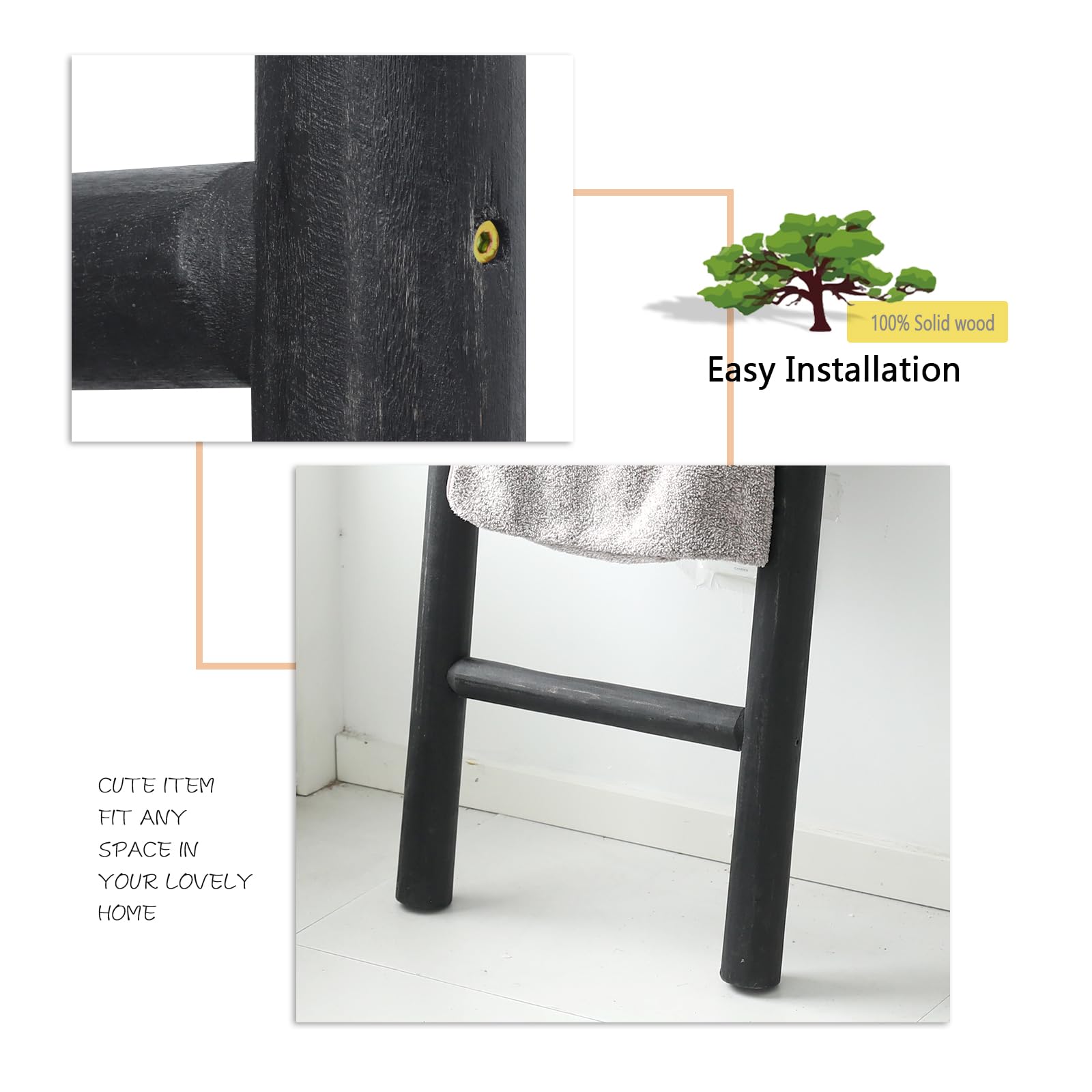 FUIN 57in Wood Blanket Ladder Living Room Decorative Wall Leaning Farmhouse Quilt Display Holder Rustic Wooden Towel Rack for Bathroom, Black